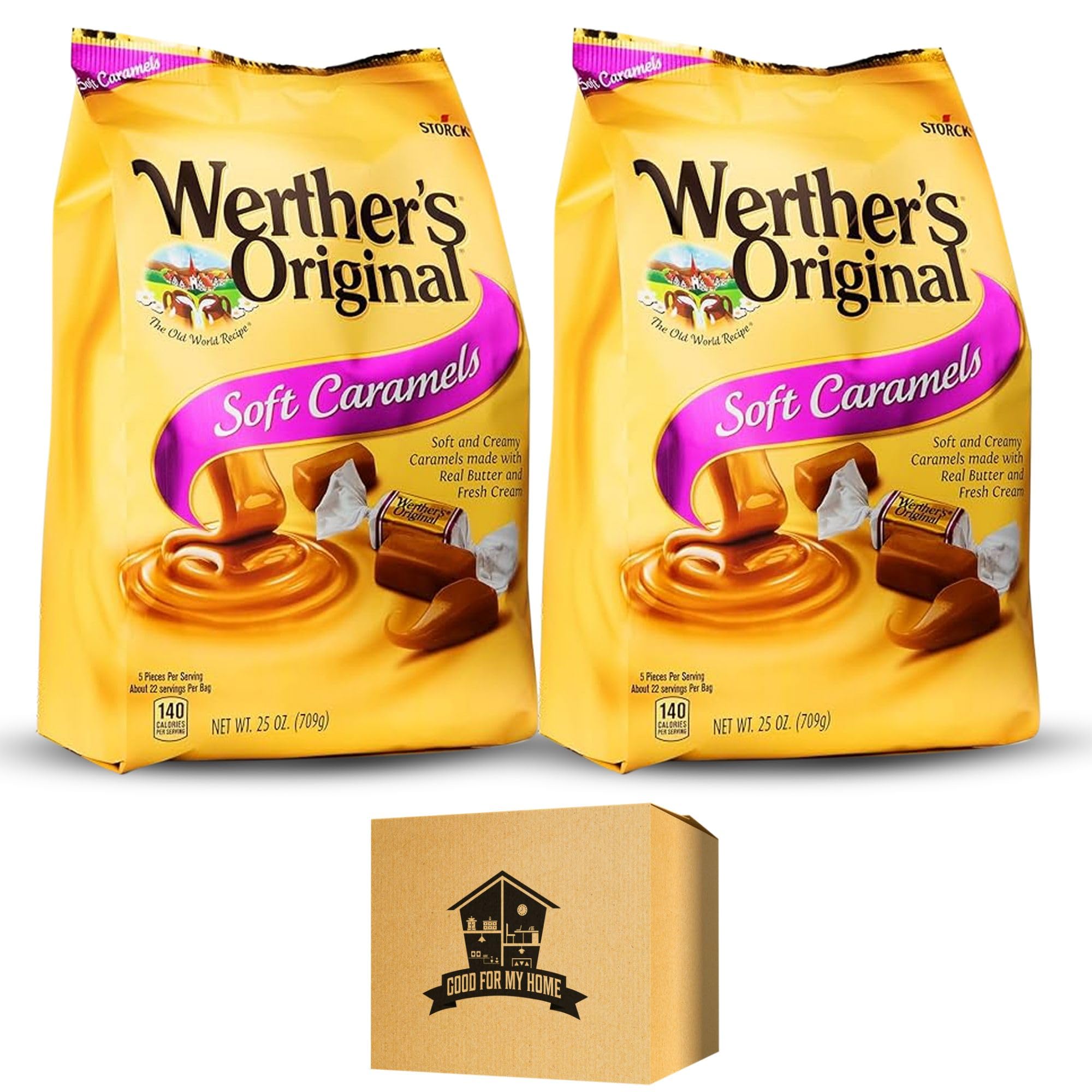 Werther's Original Soft Caramel Candy Bundle - 2 Pack (25 Oz Each) | Individually Wrapped Caramels for Gifting, Parties & Everyday Snacking | Includes Free Good For My Home Storage Box