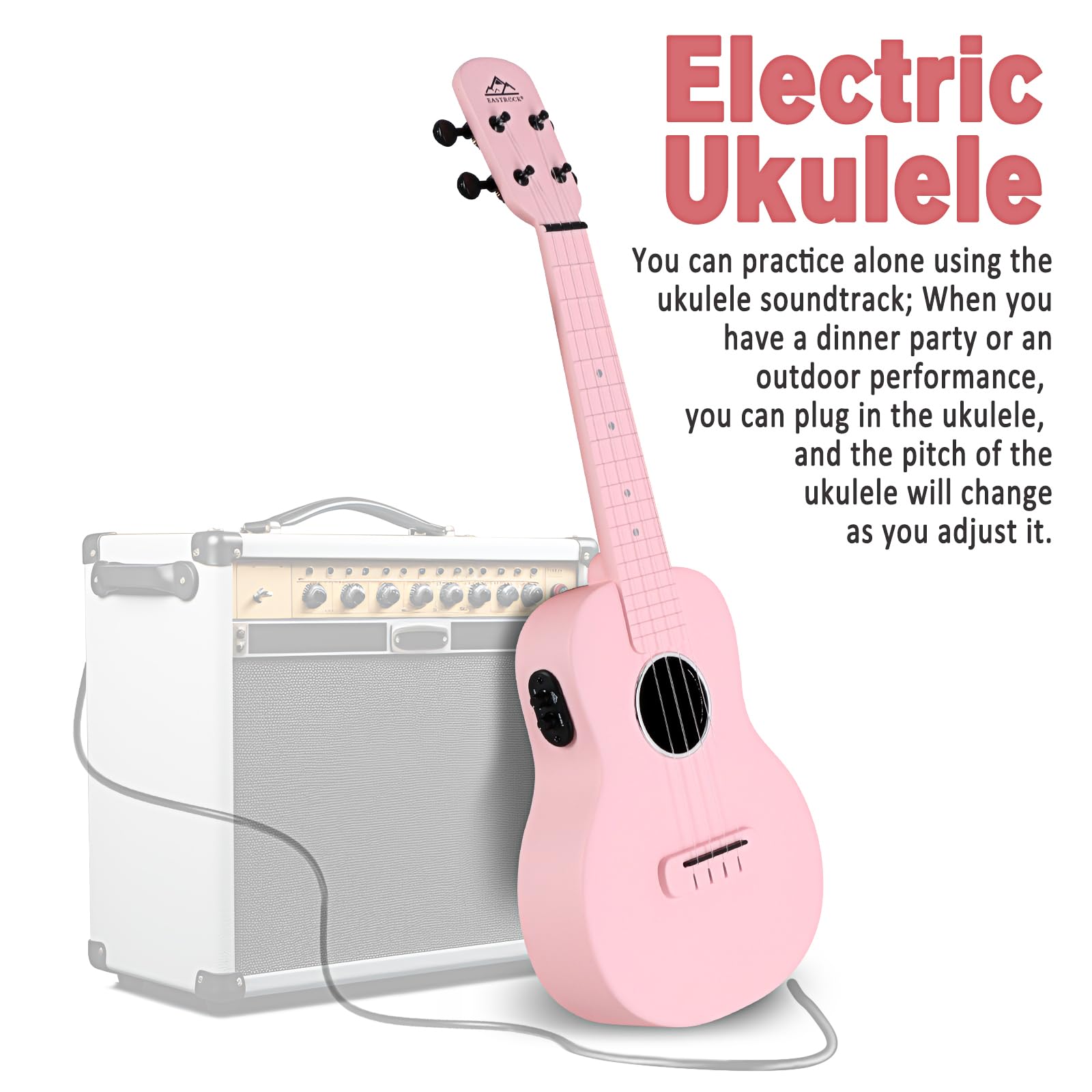 EASTROCK 23 Inch Carbon Fiber Electric Concert Ukulele Kit - Professional Ukelele for Kids, Students & Adults with Case, Strap, Capo & Strings (Pink) | Perfect for Beginners, Live Performances & Music Practice