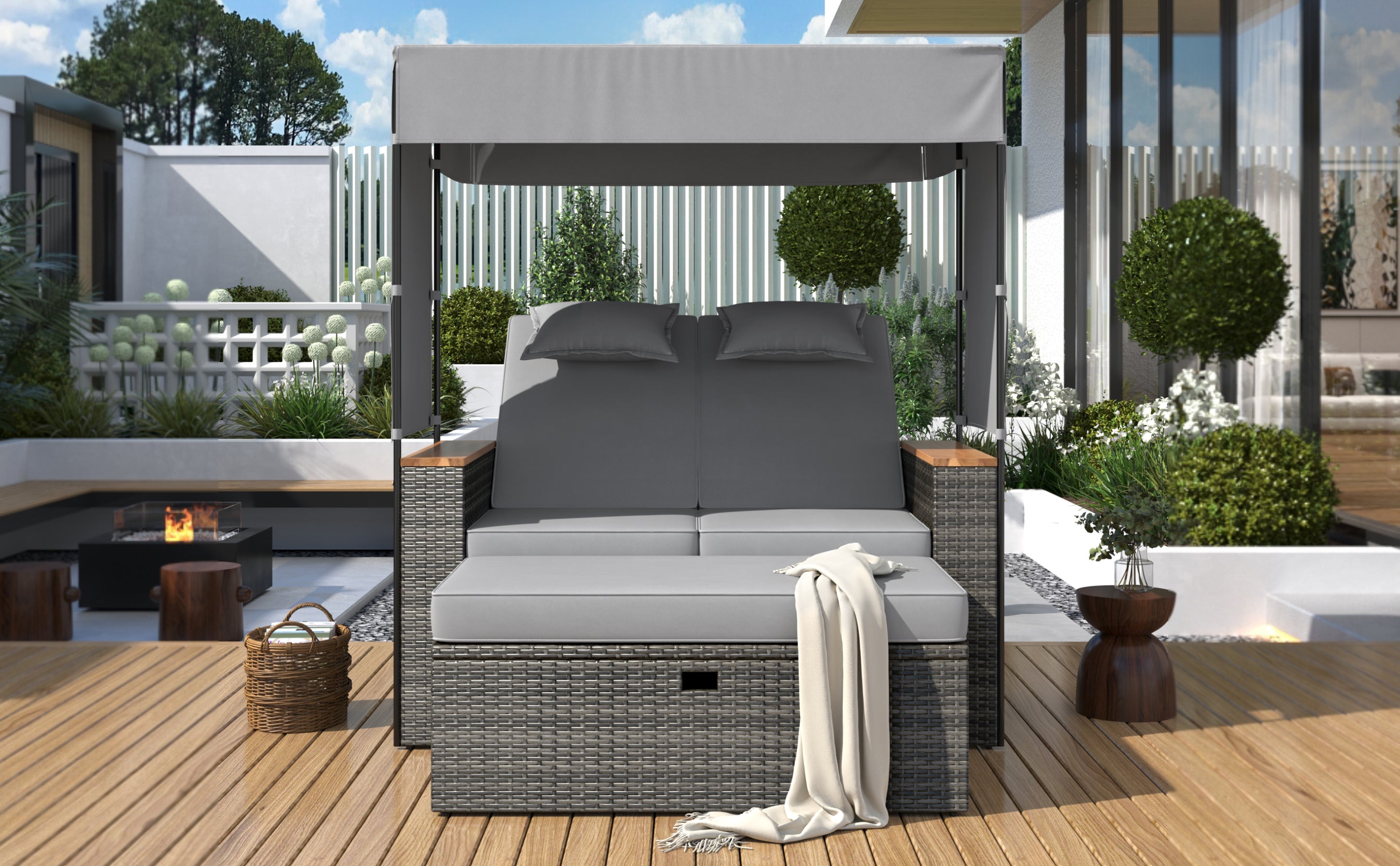 2-Piece Outdoor Rattan Daybed with 5 Adjustable Positions - Patio Loveseat Sofa Set for Poolside, Garden, or Backyard Relaxation