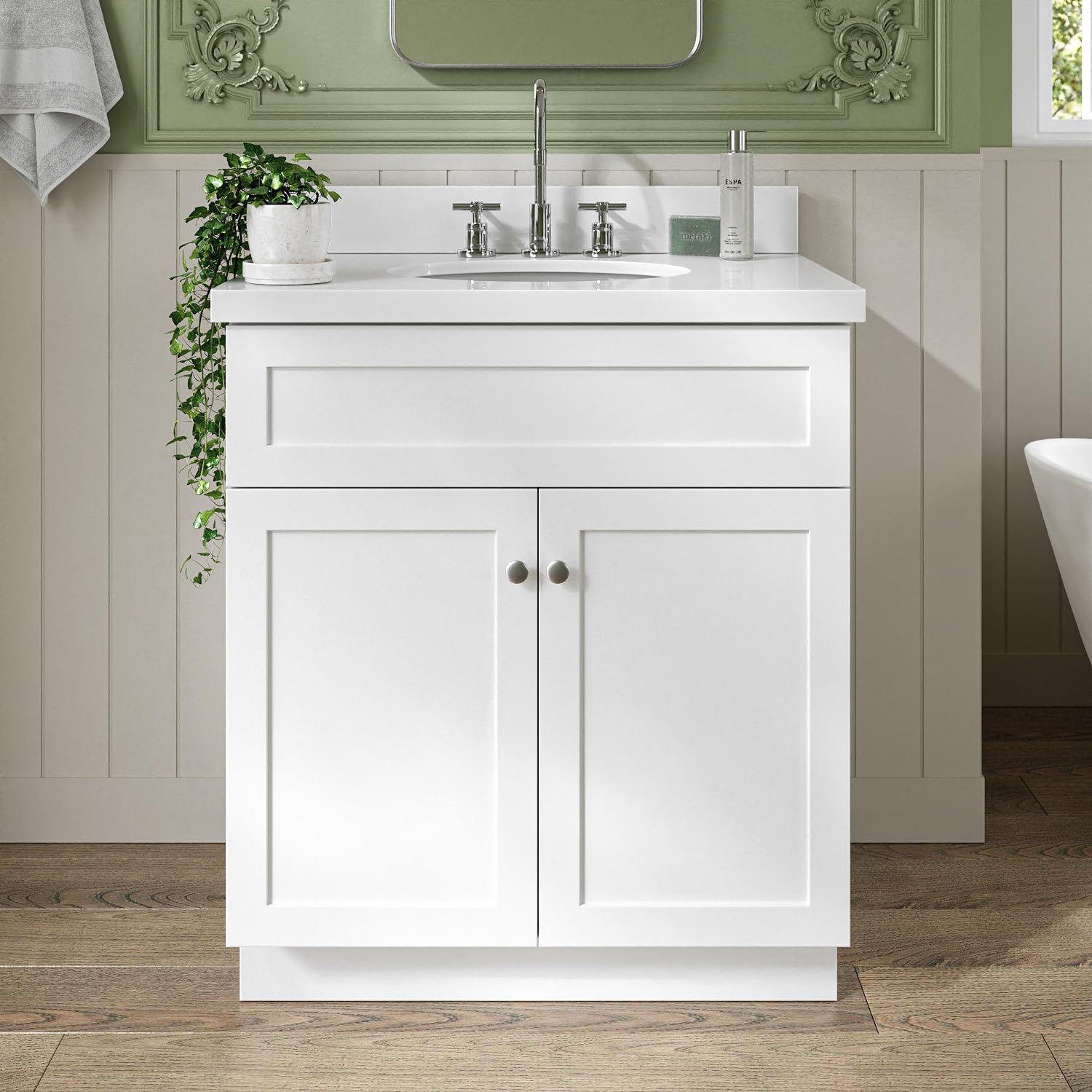 Ariel Hamlet 31 Inch White Bathroom Vanity Set with Sink - Solid Wood Vanity Cabinet, White Quartz Countertop, Oval Undermount Single Sink, Soft Closing Doors - Perfect for Modern Bathrooms, Powder Rooms & Home Renovation