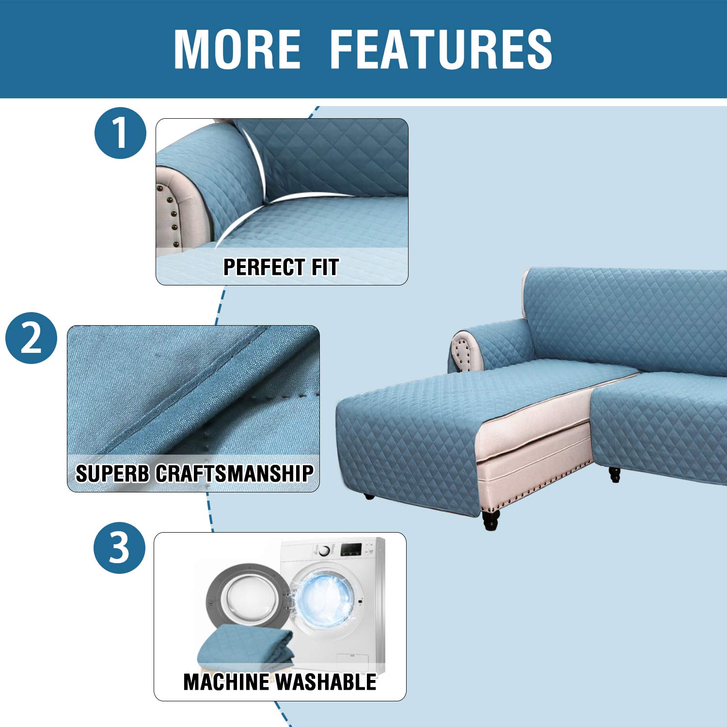 Waterproof Reversible L-Shaped Sofa Slipcover - Double-Sided Sectional Couch Cover with Chaise Lounge Protector for Pets & Kids (Blue, Large) | Perfect for Living Room, Family Room & Pet-Friendly Homes