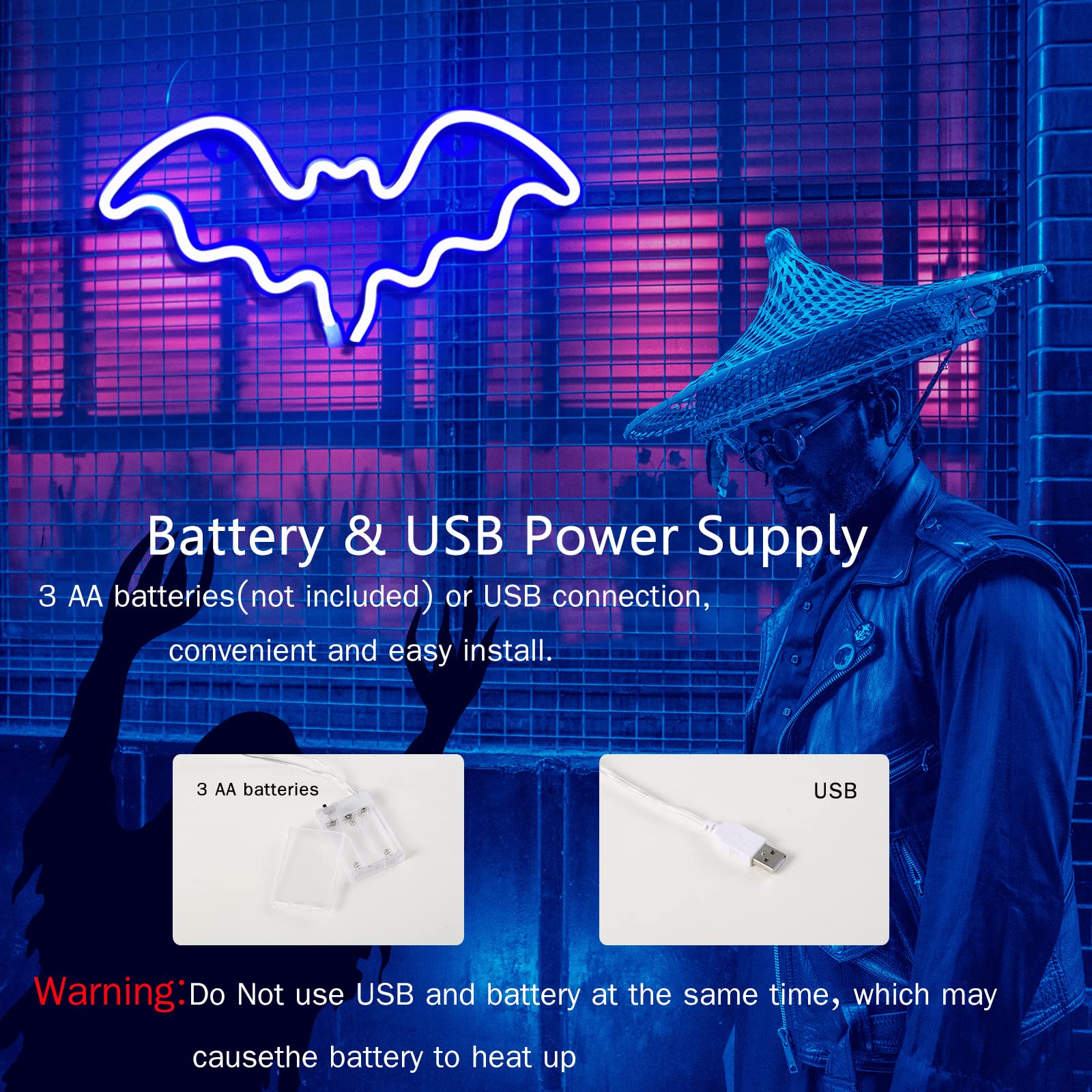 Halloween Bat Neon Sign - LED Wall Decor for Halloween Party, Bar & Room - Battery/USB Powered Bat Shape Lamp - Perfect for Kids' Room & Spooky Home Decor