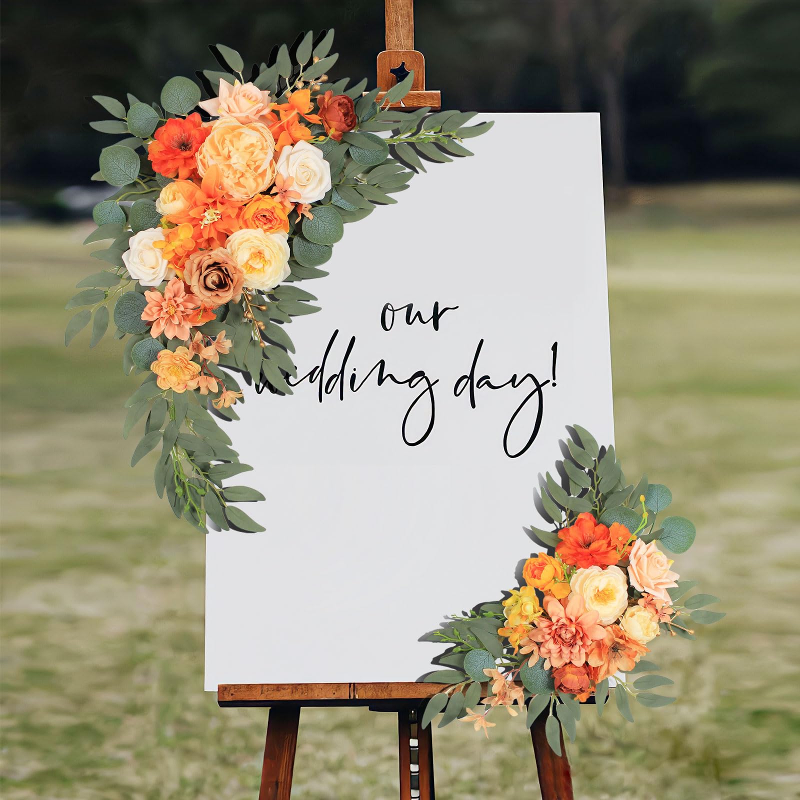 Faux Flower Set of 2 - Artificial Wedding Arch Flowers for Welcome Signs, Reception Decor & Backdrop (Orange) | Perfect for Wedding Ceremonies, Bridal Showers & Home Decor
