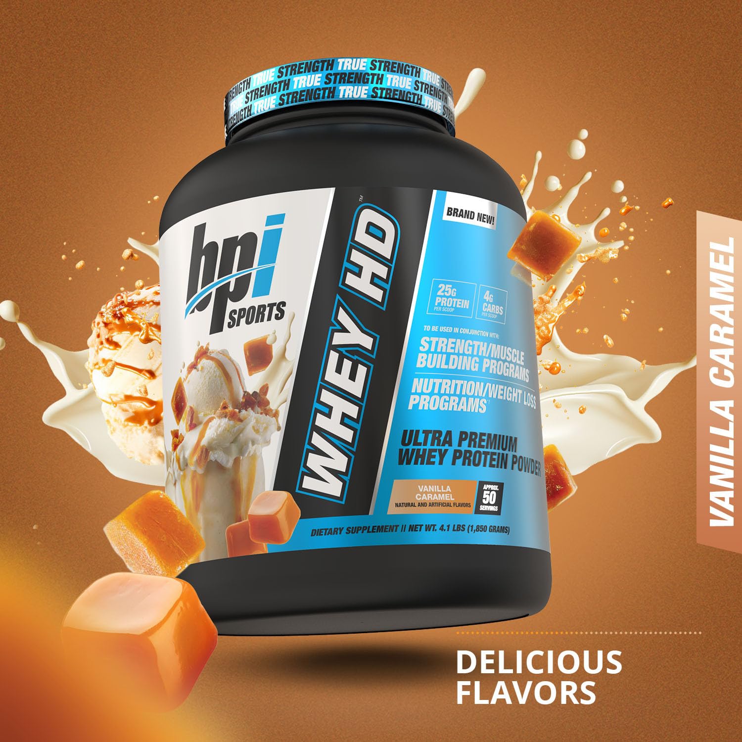 BPI Sports Whey HD Ultra Premium Protein Powder - Vanilla Caramel Flavor, 4.1 lbs (1.86 kg) for Muscle Recovery & Post-Workout Nutrition | Gym, Fitness & Bodybuilding Supplement