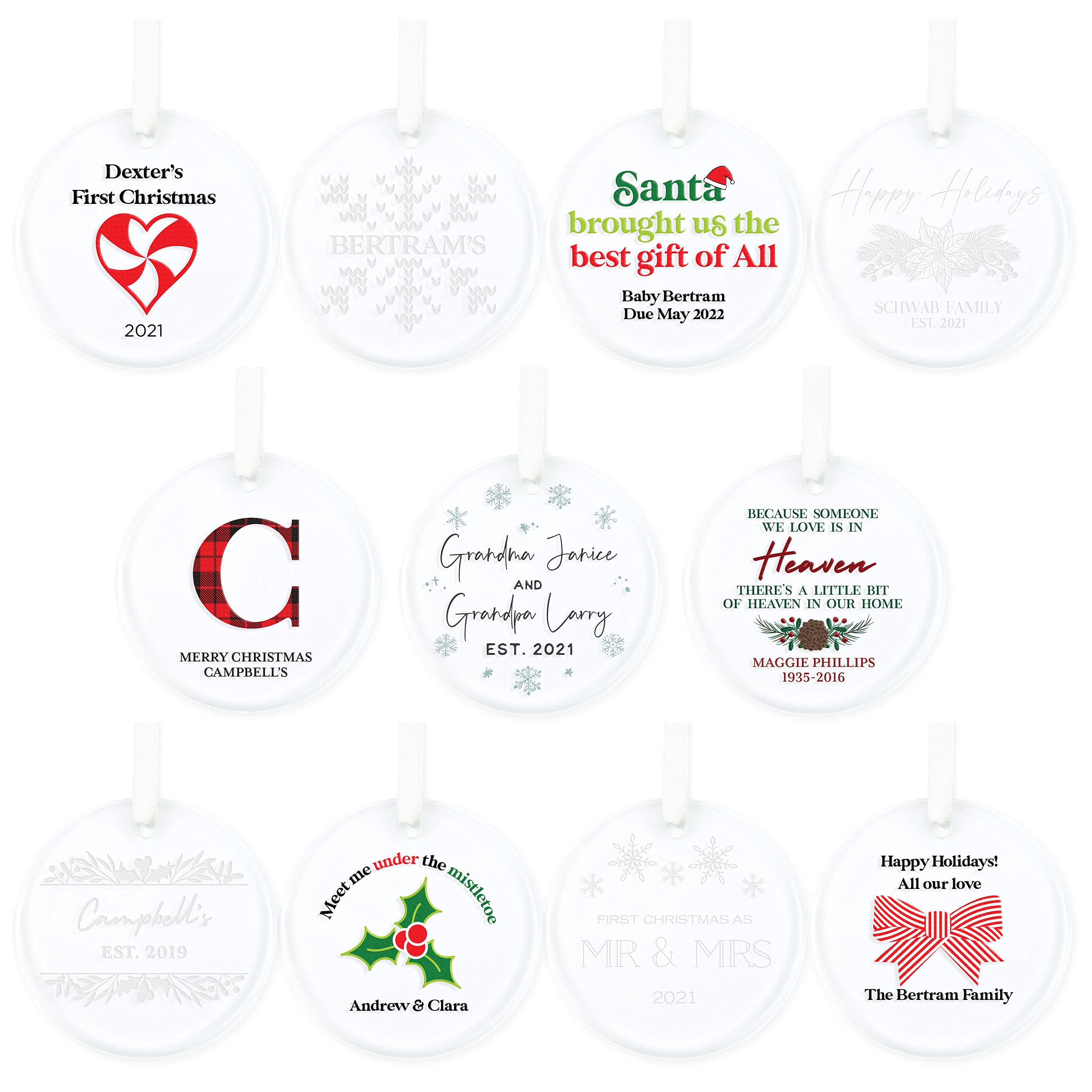 Customizable Engraved Clear Glass Christmas Tree Ornament with Gift Box - Blush Blooms Design for Weddings, Holidays & Special Occasions | Perfect for Christmas Decor, Anniversary Gifts & Bridal Showers