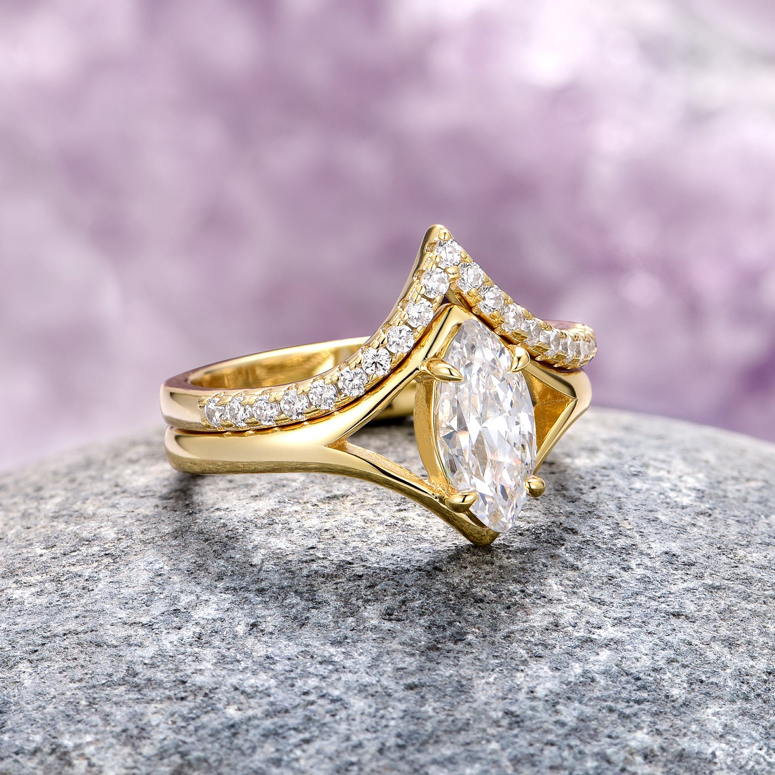 IGI Certified 14K Solid Yellow Gold Marquise Cut Lab Grown Diamond Engagement Ring Set for Women - Perfect for Proposals, Anniversaries & Special Occasions