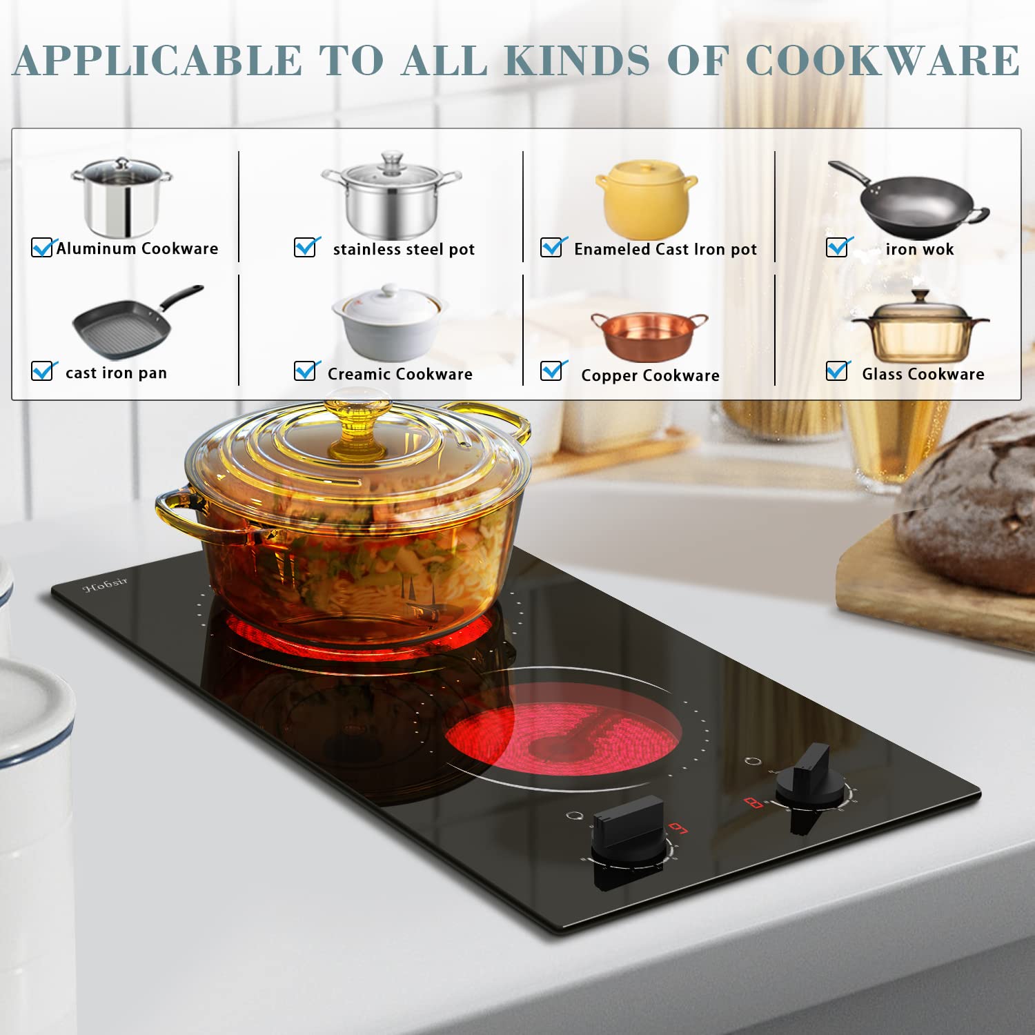 Hobsir 2 Burner Electric Cooktop - 12 Inch Countertop & Built-in Stove with Knob Control, 110V, Residual Heat Indicator & Over-Temperature Protection - Perfect for Small Kitchens, Apartments, RVs & Dorm Rooms