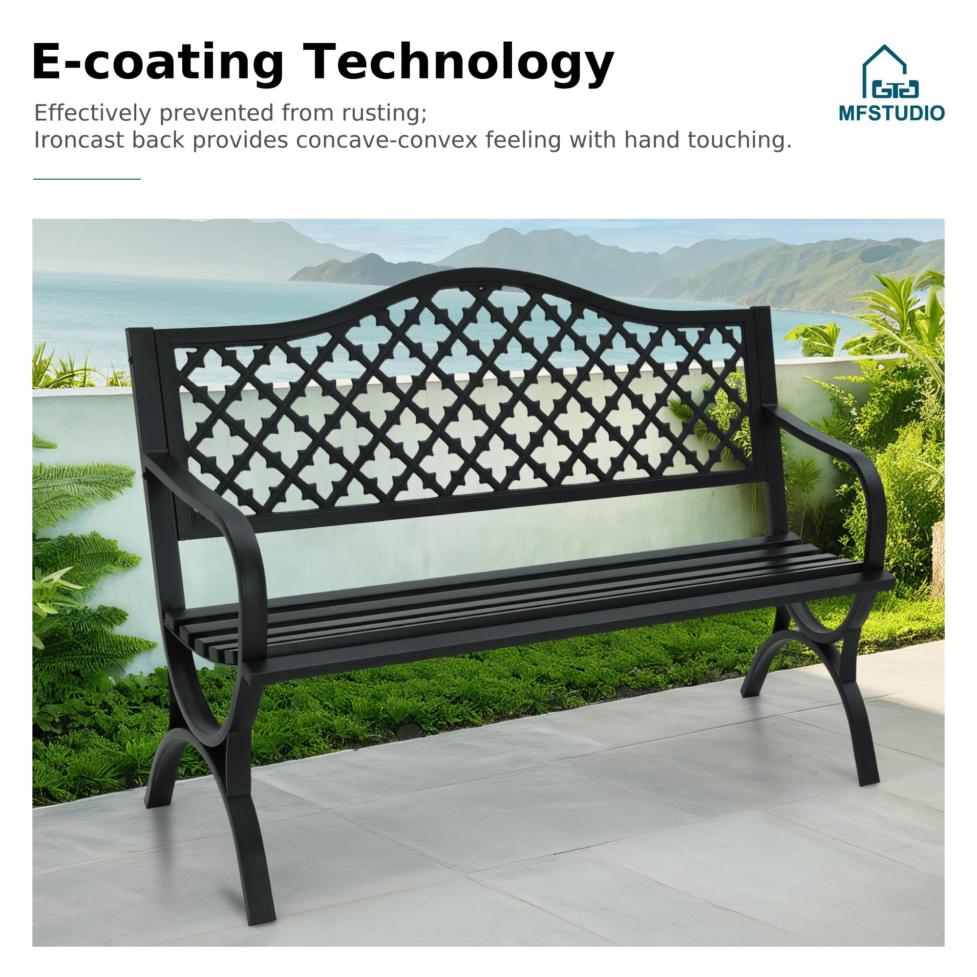 MFSTUDIO 50 Inch Black Outdoor Metal Garden Bench with Arch Legs - Heavy Duty Cast Iron Patio Furniture with E-Coating - Perfect for Porch, Yard, Garden & Outdoor Seating