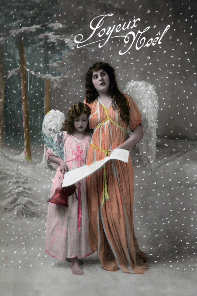 Joyeux Noel Merry Christmas in French - Little Girl Carols with Angel - 16x24 Gallery Quality Metal Wall Art - Perfect for Holiday Decor, Gifts & Home Interior