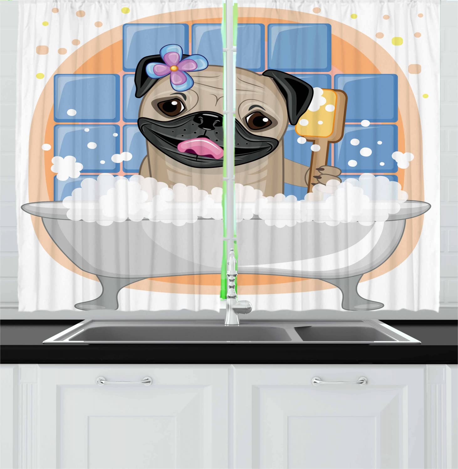 Ambesonne Pug Long Kitchen Curtains - Funny Dog Bath Bubbles & Colorful Flowers Design, 2-Panel Rod Pocket Drapes for Windows (55x45 Inches, Pale Blue/Black/Brown) - Perfect for Farmhouse, Pet Lover Home Decor & Cozy Kitchen