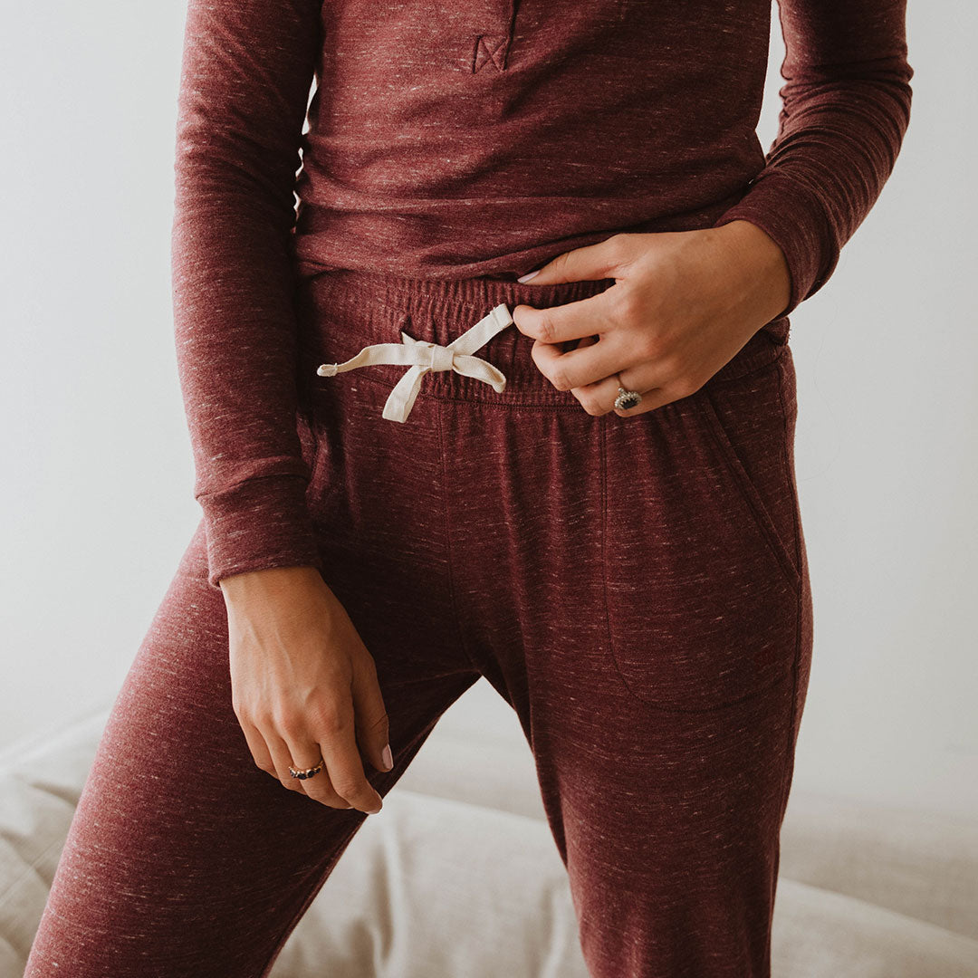 Cozy Cabin Fever Jogger Pants for Women - Soft Heather Maroon Lounge Pants - Perfect for Relaxing at Home, Yoga & Winter Comfort