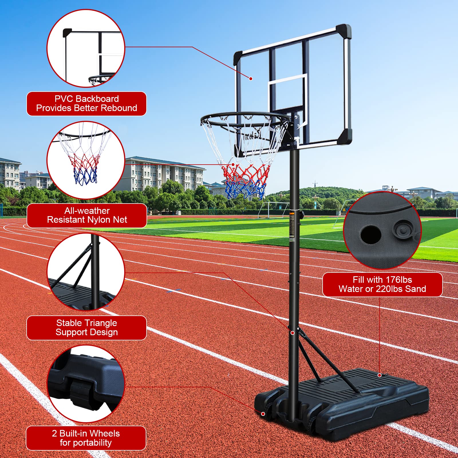 Adjustable Portable Basketball Hoop Stand for Youth & Teens - 6.2ft to 9.2ft Height Range with Transparent Backboard & Wheels - Indoor Outdoor Basketball Goal System for Driveway, Backyard, Gym & Playground