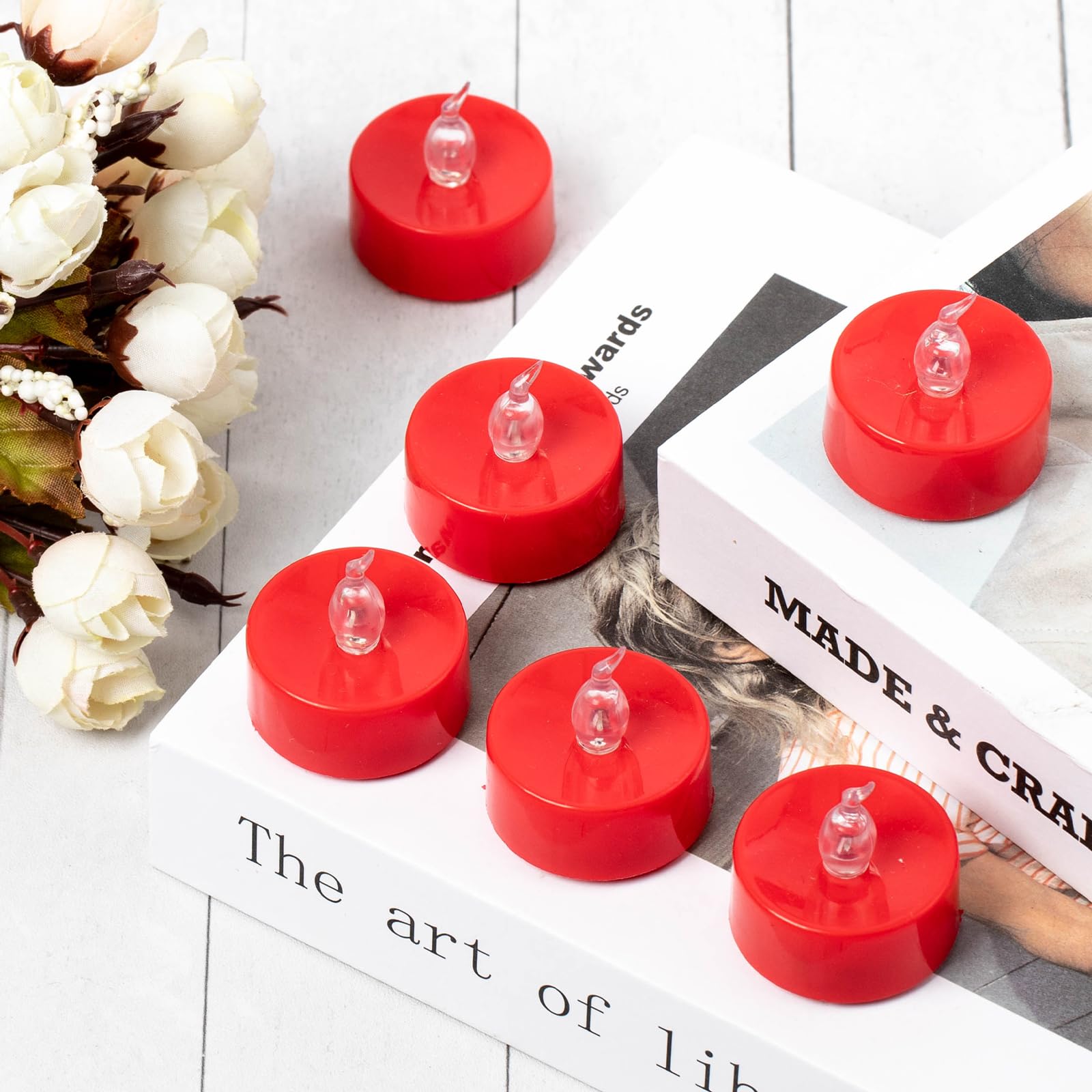 24 PCS Red Flickering Flame LED Tea Lights - Battery Operated Flameless Candles for Halloween, Christmas, Weddings & Home Decor - Safe Realistic Fake Candles with No Remote/Timer