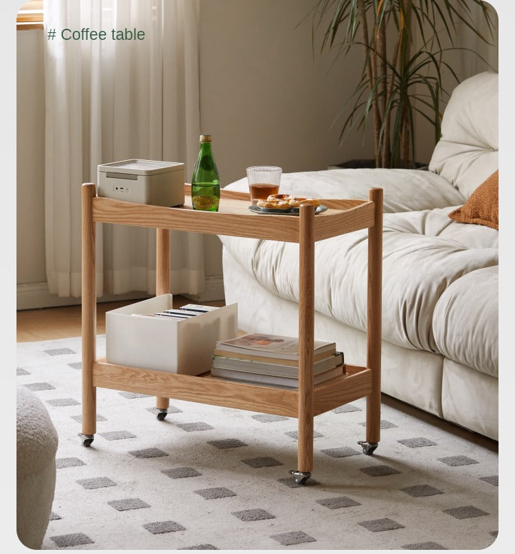 Solid Oak Wood Rolling Cart - Mobile Side Table with Wheels for Living Room, Bedroom, or Office Use