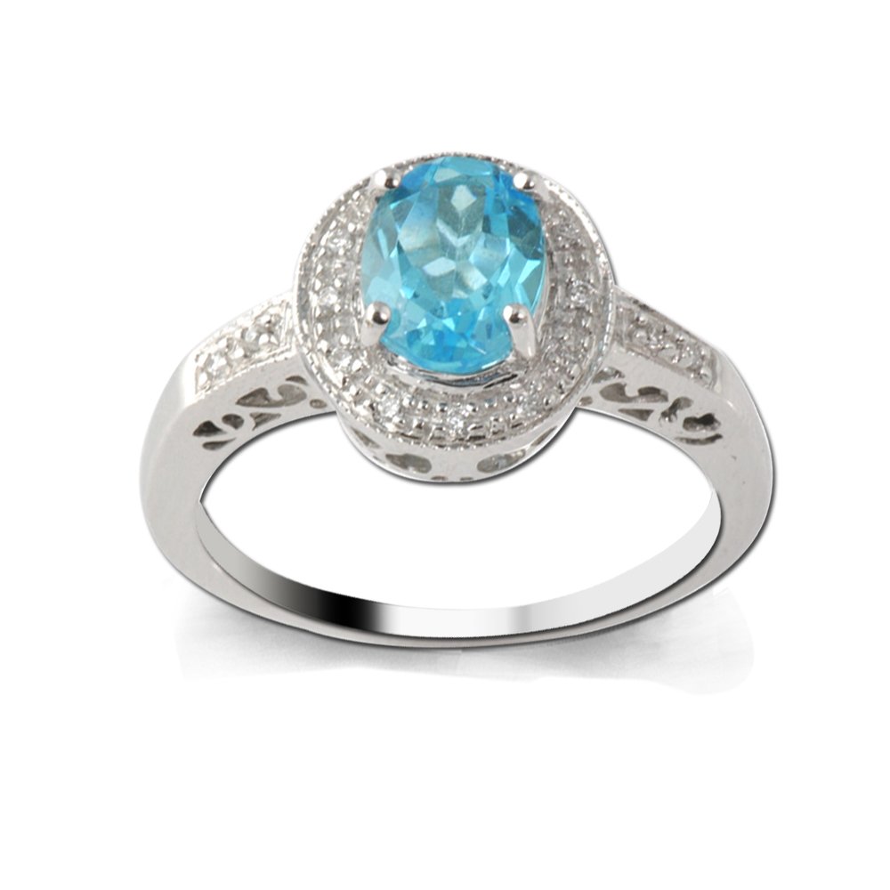 14K White Gold Blue Topaz & Diamond Ring - 0.85ct Oval & Round Cut Engagement Jewelry for Women, Wedding Gift, Anniversary Present