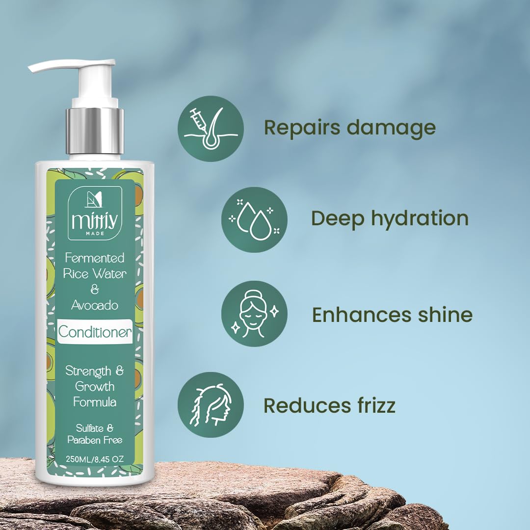 **Mittiy Made Fermented Rice Water & Avocado Hair Conditioner - Natural Deep Nourishing Treatment for Dry, Frizzy Hair - Strengthens & Promotes Hair Growth - 250ml | Ideal for Daily Use, Salon-Quality Results at Home**