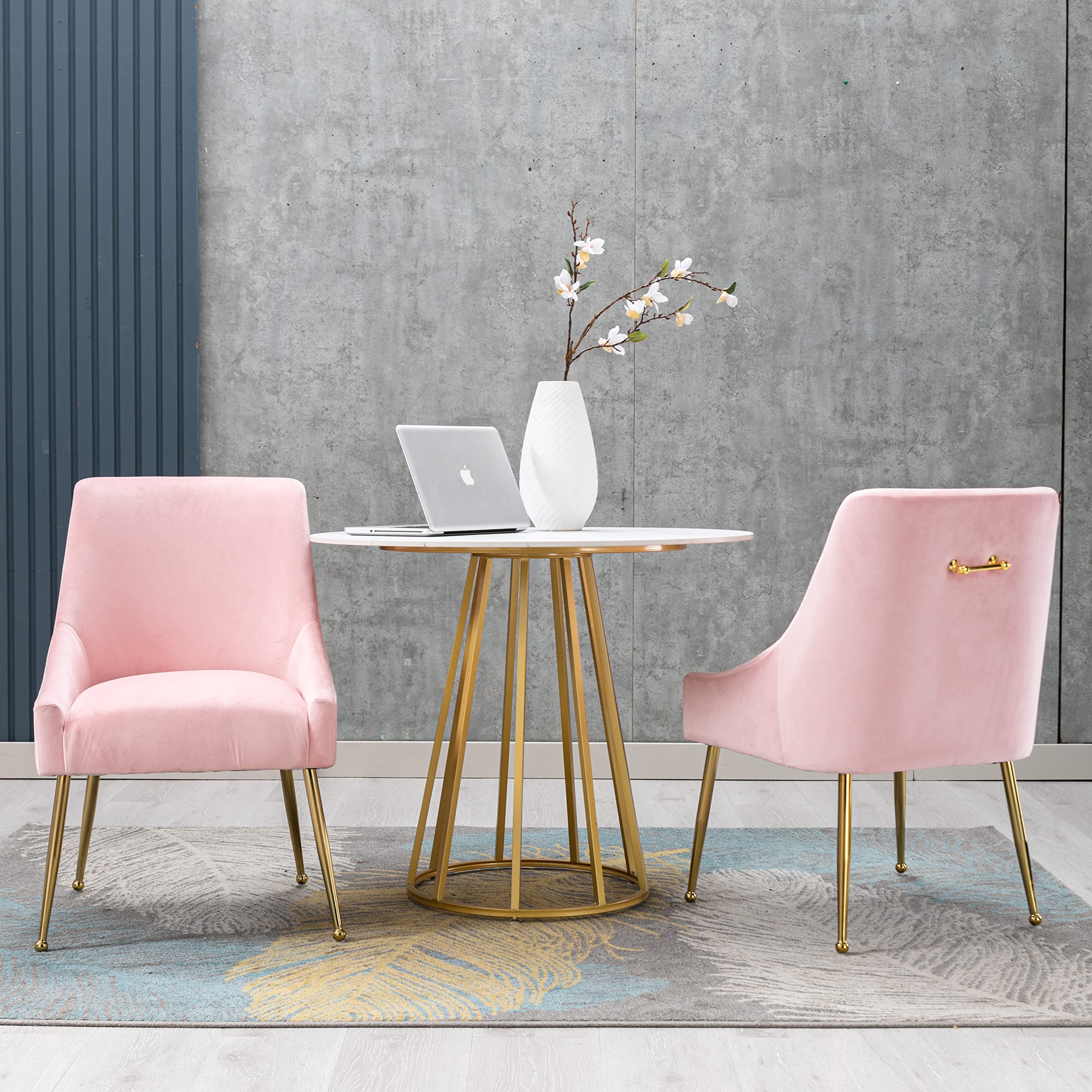 Luxury Modern Velvet Accent Chair Set of 2 - Thick Sponge Upholstered Dining Chairs with Golden Metal Legs for Dining Room, Bedroom, Living Room & Office Decor - Elegant Pink Velvet Seating for Home & Workspace