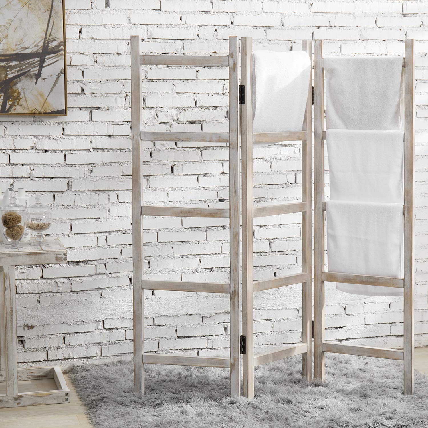 MyGift 3-Panel Whitewashed Solid Wood Blanket Ladder & Towel Rack - Decorative Freestanding Folding Room Divider for Blankets, Quilts, Throws, Towels, Clothing | Perfect for Living Room, Bedroom, Bathroom Organization & Farmhouse Decor