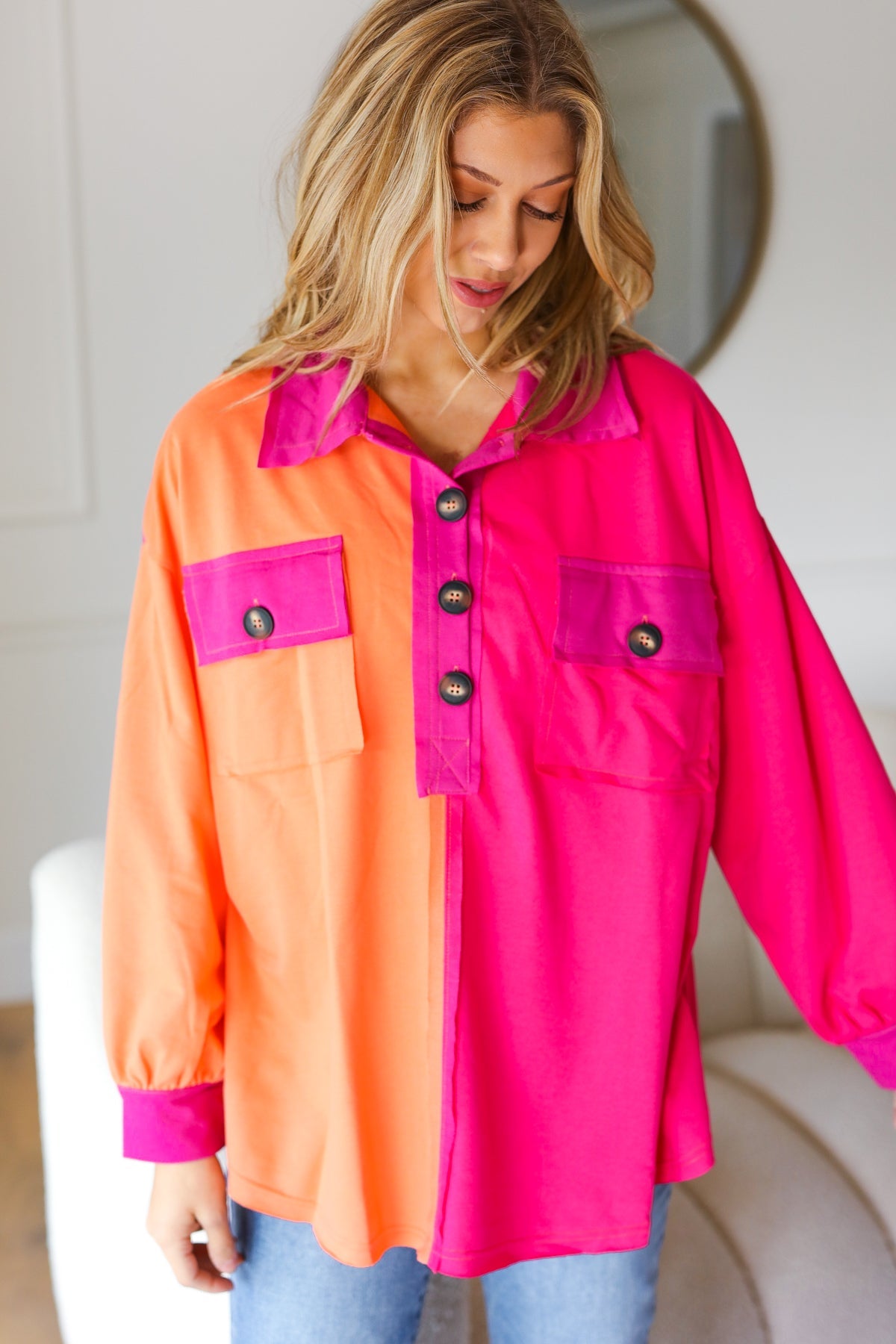 Stylish Orange & Fuchsia Color Block Button Down Shirt for Women | Trendy Casual & Office Wear | Perfect for Work, Dates & Everyday Outfits