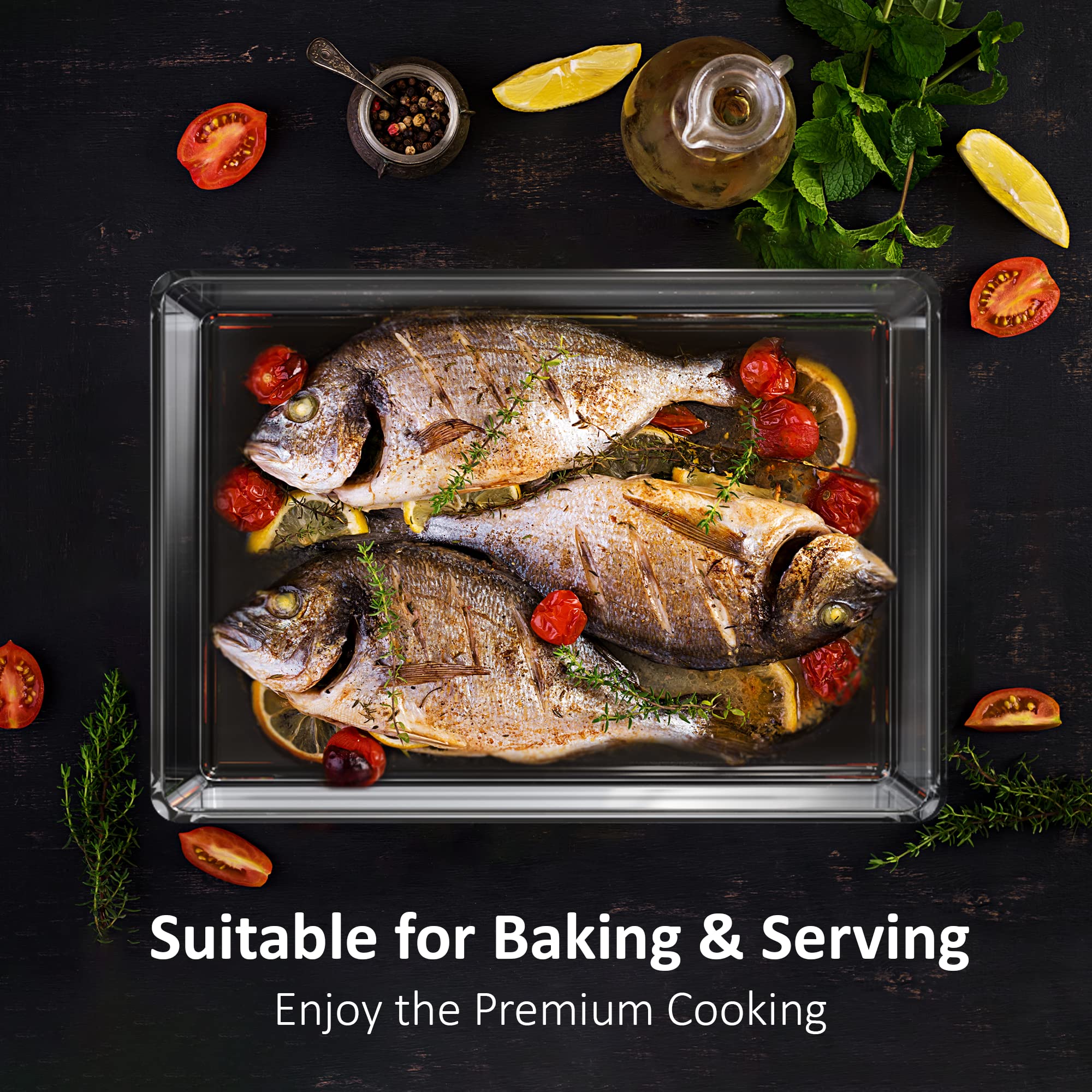 Premium Borosilicate Glass Roaster Baking Dish - 10x14 Inch, 4.5 Quart Oven-Safe Casserole Pan - Rectangular Heat-Resistant Baking Tray for Cooking & Serving - Perfect for Roasting, Baking Casseroles, Meal Prep & Holiday Dinners