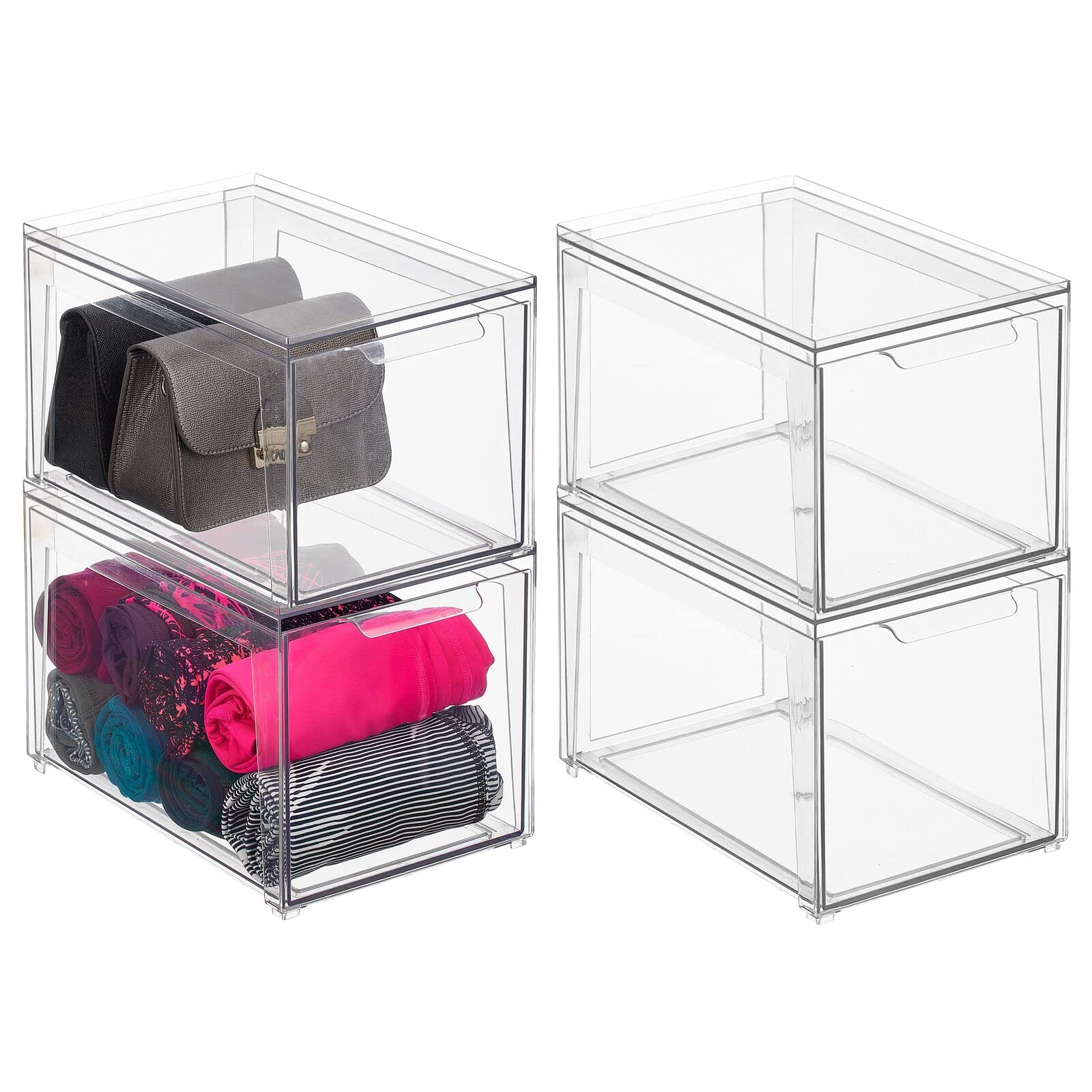 mDesign Plastic Stackable Closet Storage Bins with Pull-Out Drawers - 4 Pack Clear Organizers for Cabinet, Shelf, Dresser & Desk - Space-Saving Home Organization Solution - Perfect for Bedroom, Bathroom & Office Storage Needs