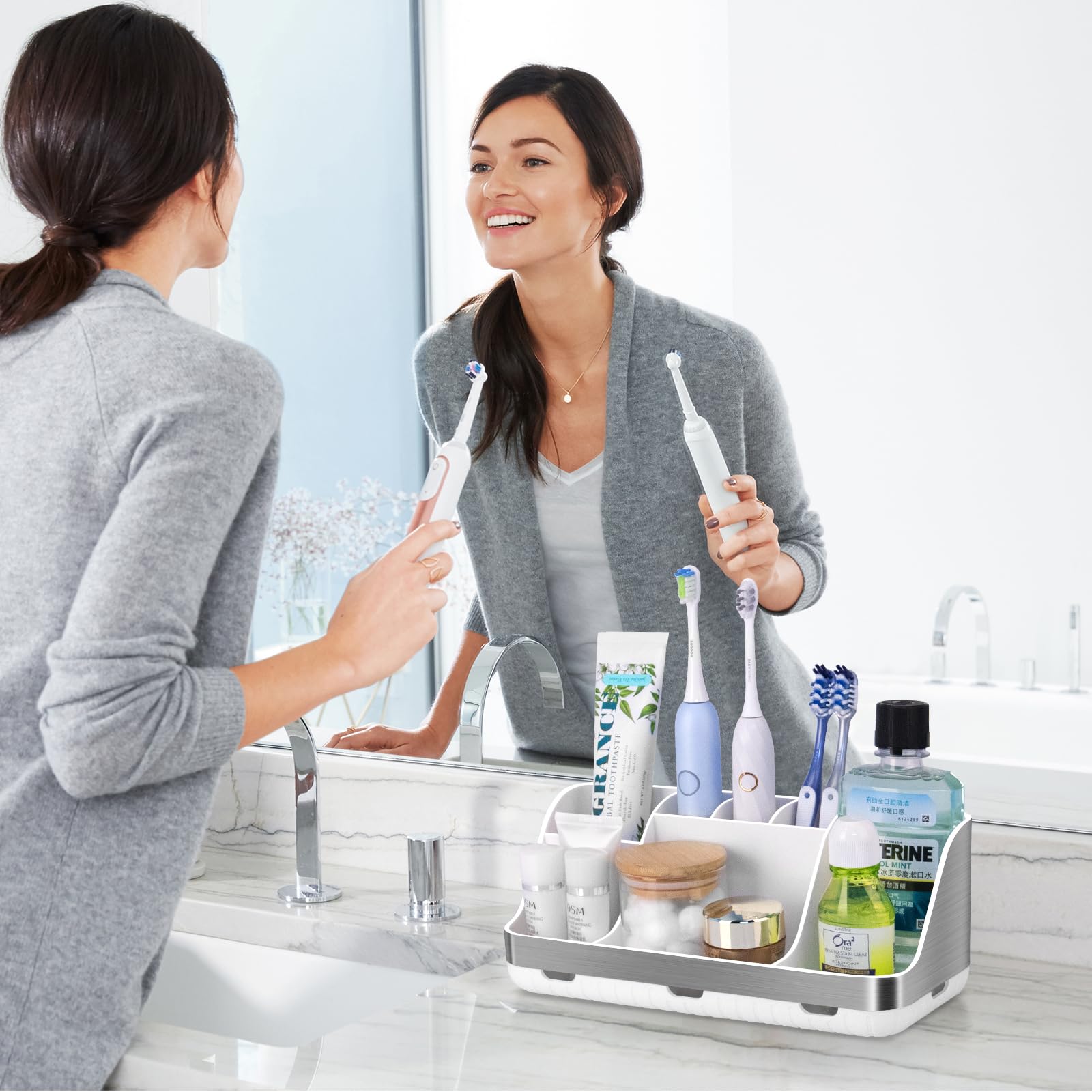 Silver Toothbrush Holder - 7 Slot Bathroom Organizer for Kids & Electric Toothbrushes | Countertop Storage Solution