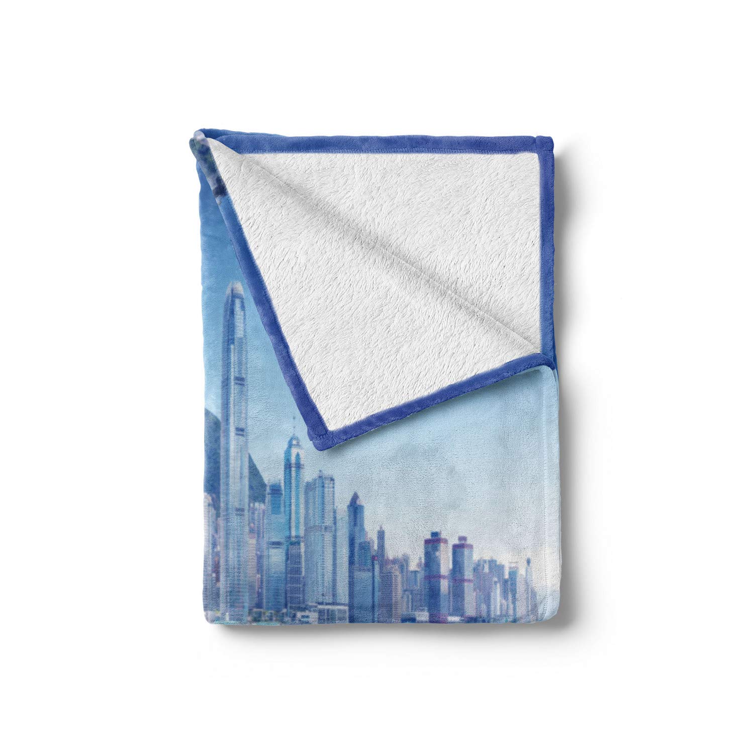 Ambesonne Ocean Throw Blanket - Hong Kong Harbor Traditional Junk Boat Design with Flags, Skyline & Sea - Soft Flannel Fleece Couch Cover (60