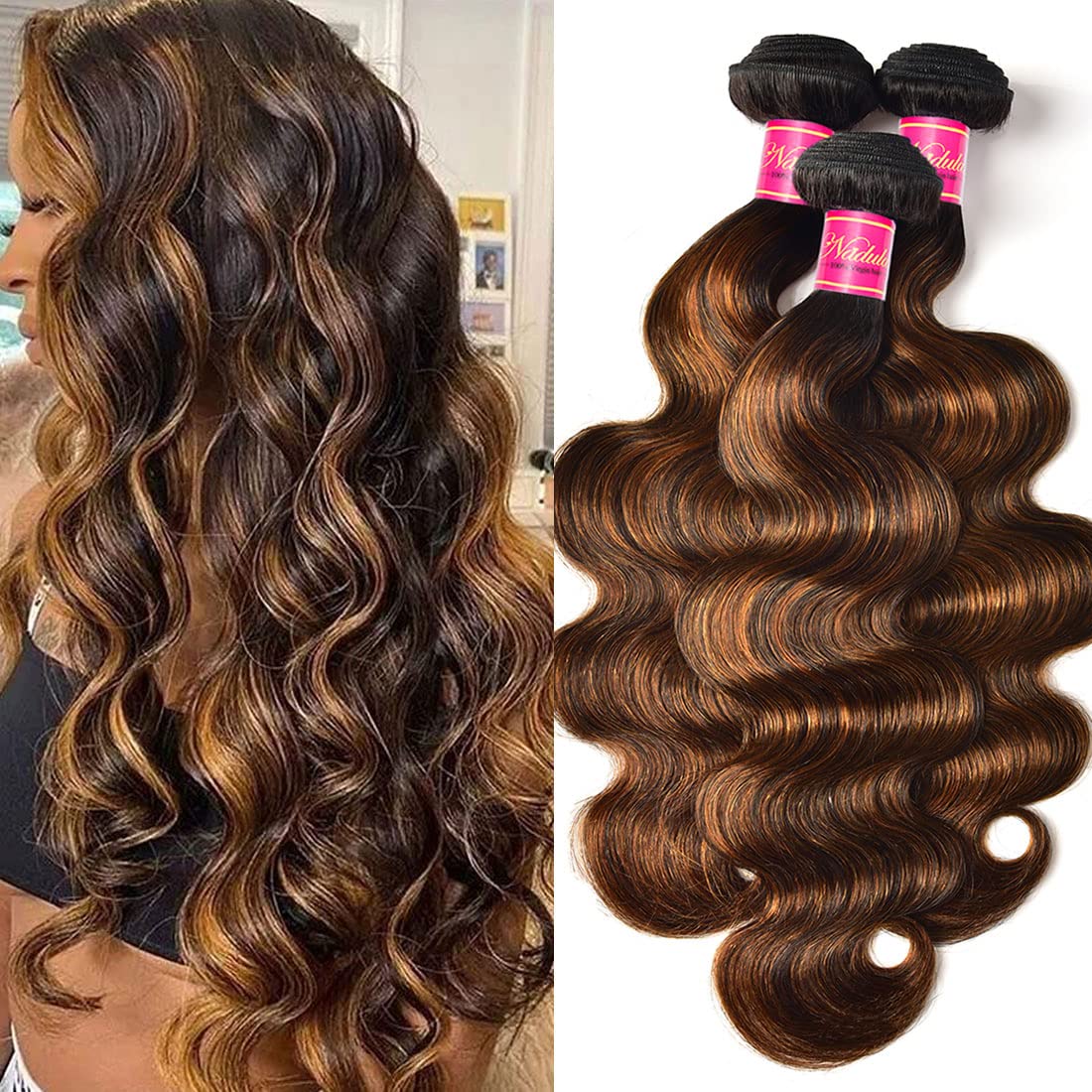 Nadula 12A Brown Balayage Ombre Body Wave Brazilian Human Hair Weave 3 Bundles - Remy Hair Extensions Chocolate Brown Highlight (16 18 20 Inch) for Women - Perfect for Daily Wear, Parties & Special Occasions
