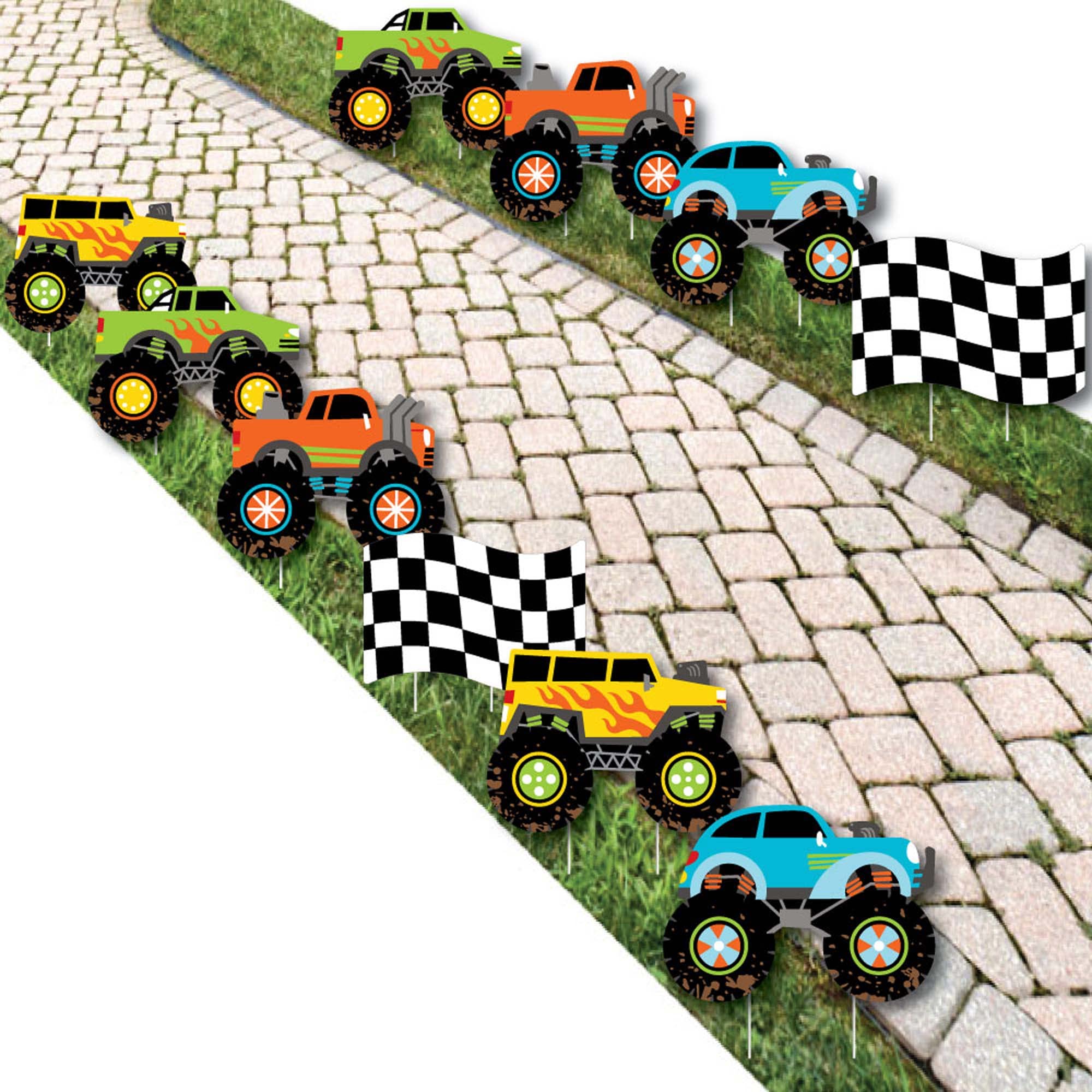 Big Dot of Happiness Smash and Crash Monster Truck Lawn Decorations - 10 Piece Outdoor Birthday Party Decor for Boys - Perfect for Yard Parties, Kids Events & Themed Celebrations