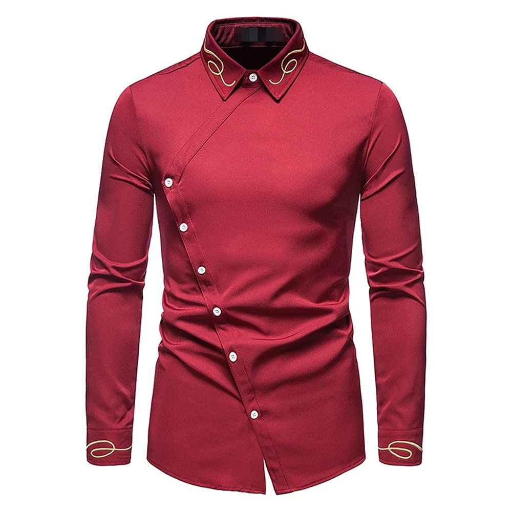 Hollow Men's Embroidered Asymmetrical Long Sleeve Western Denim Shirt - Slim Fit Casual Dress Shirt for Men - Perfect for Social Events, Date Nights & Western Style Outfits