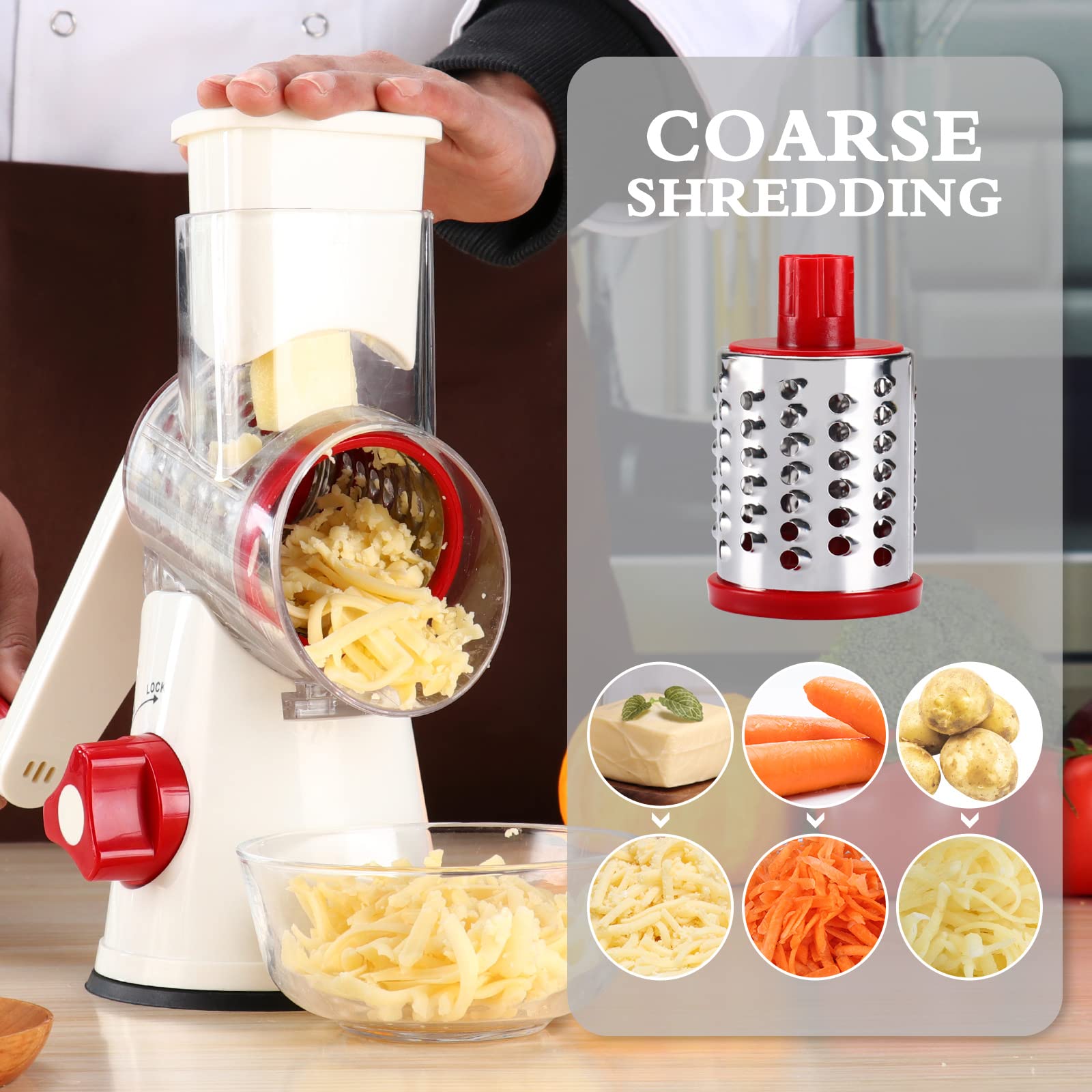 3-in-1 Rotary Cheese Grater & Vegetable Shredder - Manual Kitchen Mandoline Slicer for Potatoes, Carrots, Nuts, Garlic & Walnuts (White/Red) | Perfect for Salads, Pasta, Baking & Meal Prep