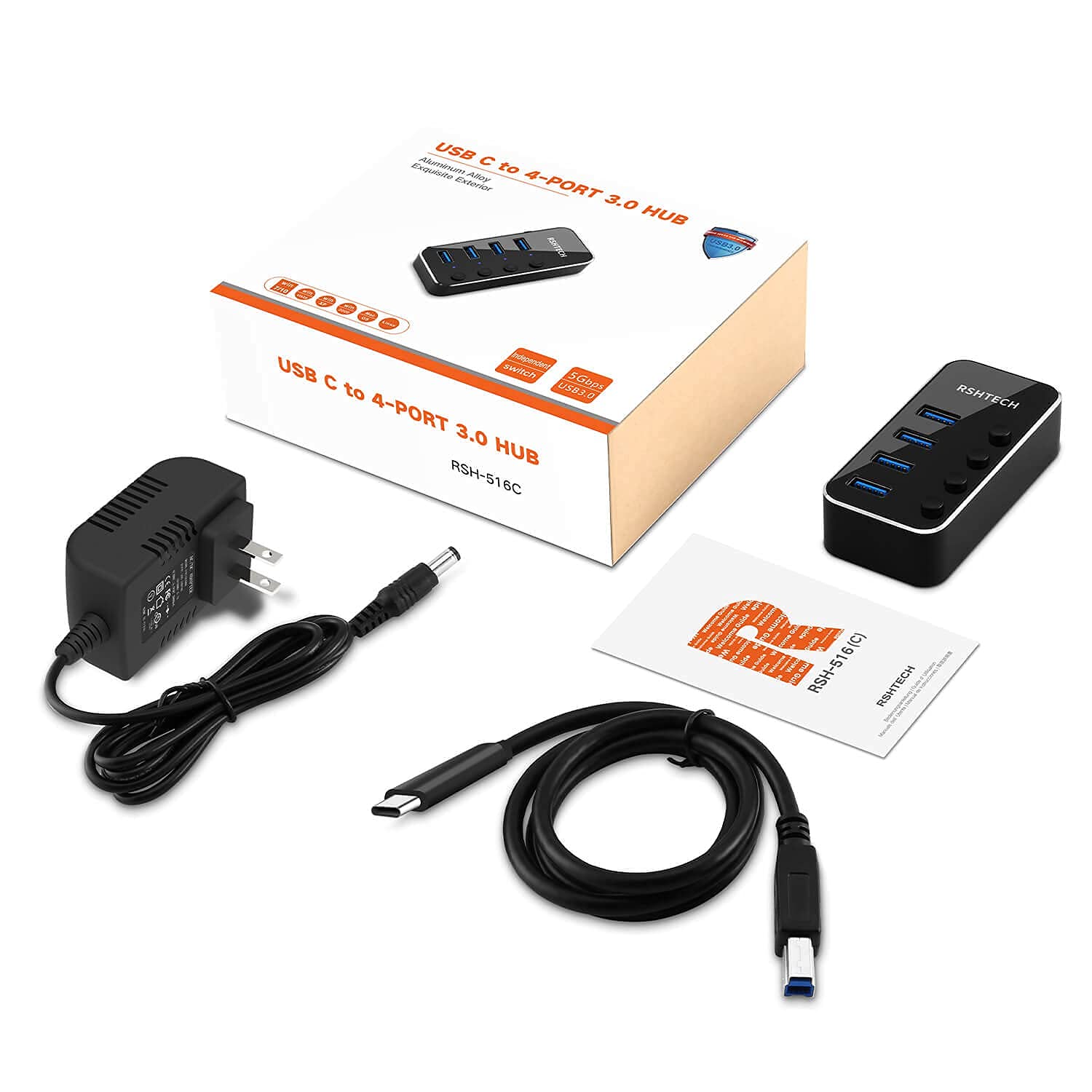 4-Port USB C Hub with On/Off Switches - Fast Charging for Laptop & Mobile
