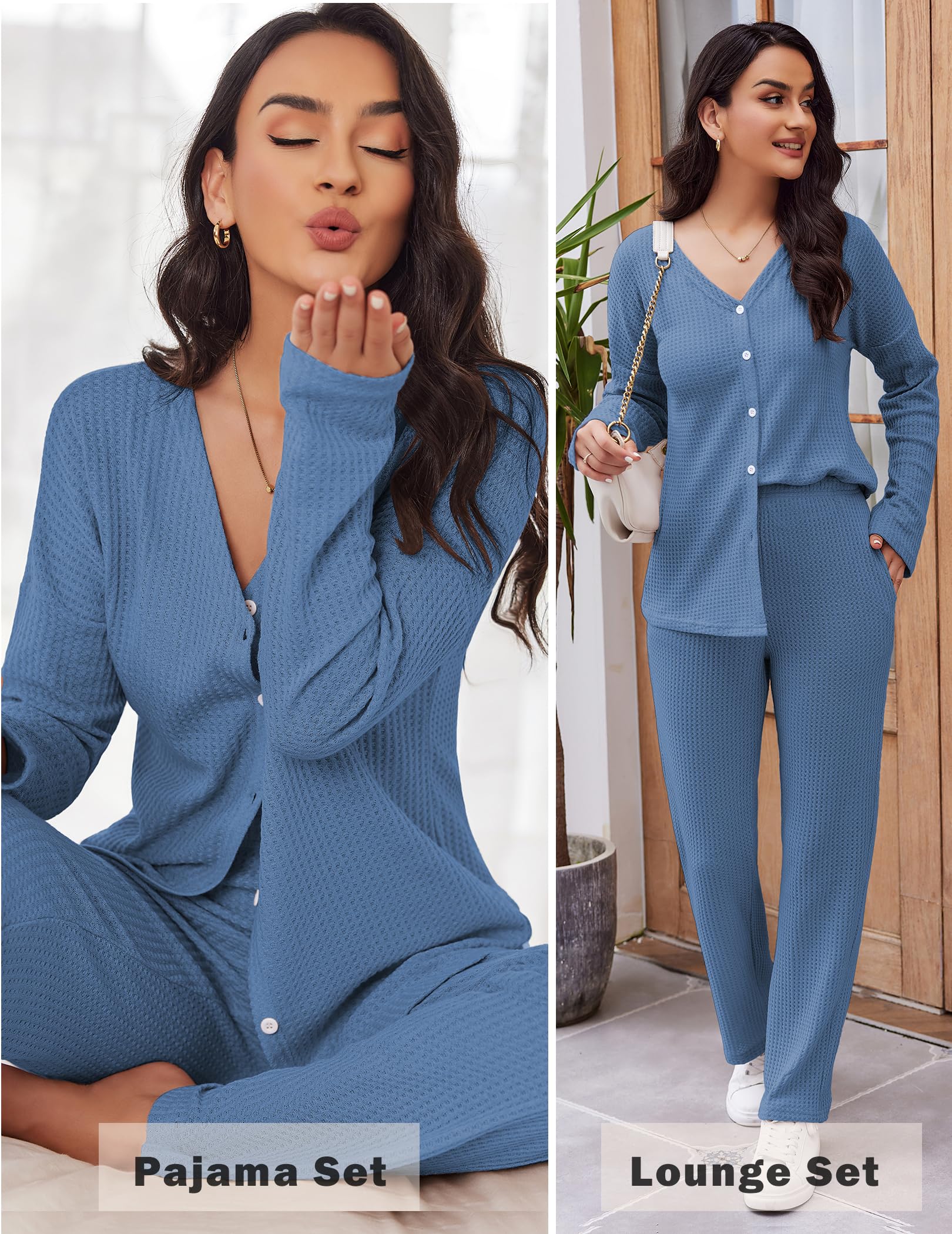 Ekouaer Women's Waffle Knit Pajama Set - Soft Button Down Sleepwear & Loungewear with Pockets | Cozy Two-Piece Pjs for Nighttime Comfort & Relaxation at Home