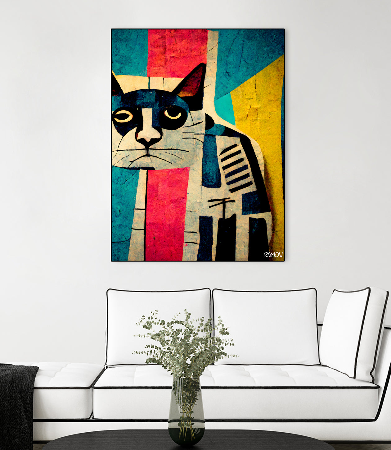 Abstract Art Cat Wall Decor - Modern Handmade Canvas Painting for Home & Office - Perfect for Living Room, Bedroom, and Gift Giving