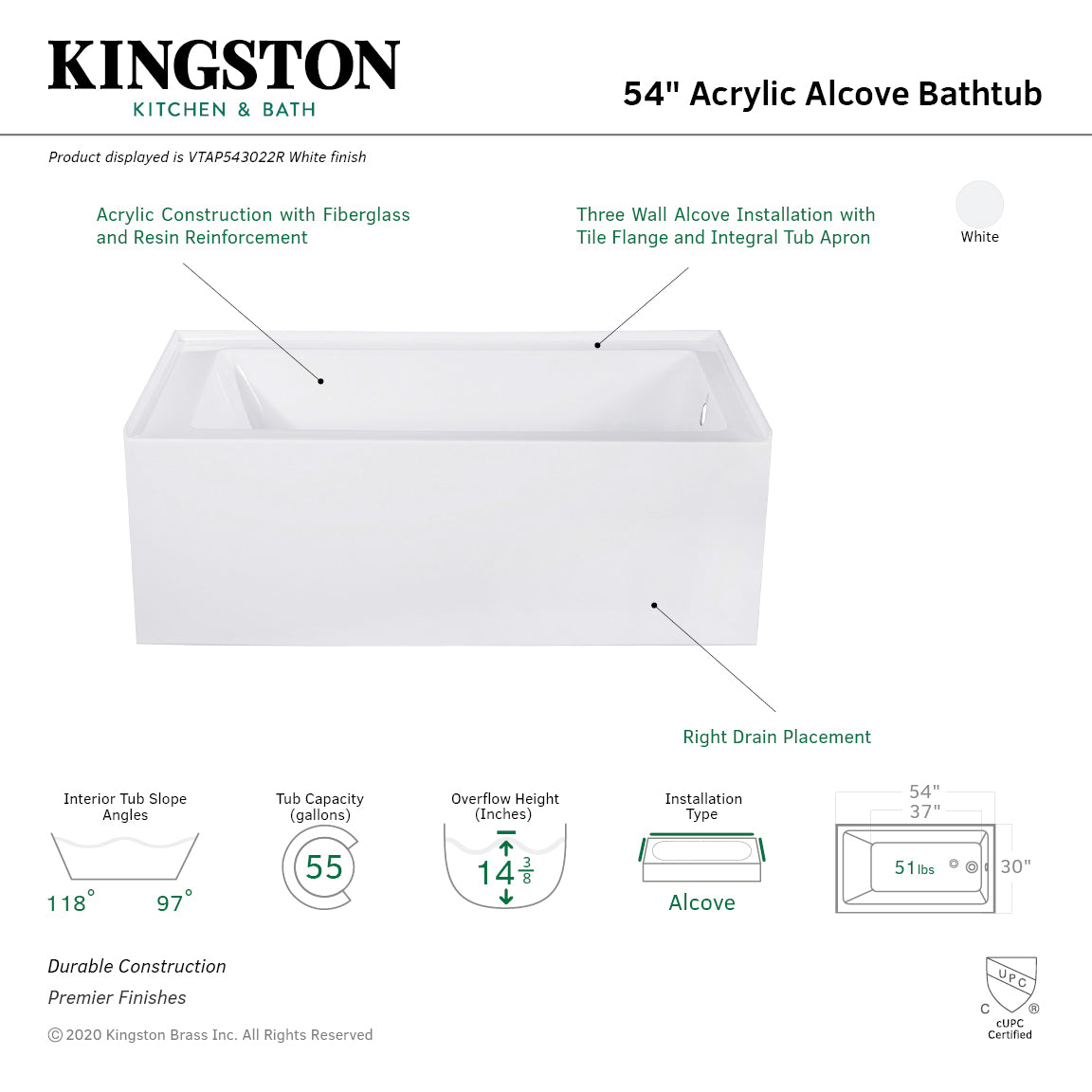Aqua Eden VTAP543022R 54-Inch Acrylic Rectangular 3-Wall Alcove Bathtub - Right Hand Drain, Glossy White - Perfect for Modern Bathroom Renovations & Spa-Like Relaxation