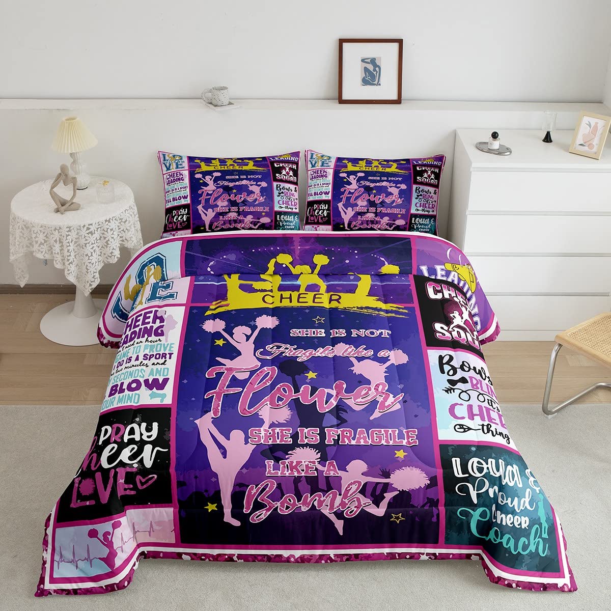 Cheerleader Gifts - Cheerleading Bedding Set for Girls & Teens, Full Size Quilted Duvet Cover with 2 Pillowcases - Perfect for Cheer Squad Dorms, Sleepovers & Game Day Decor