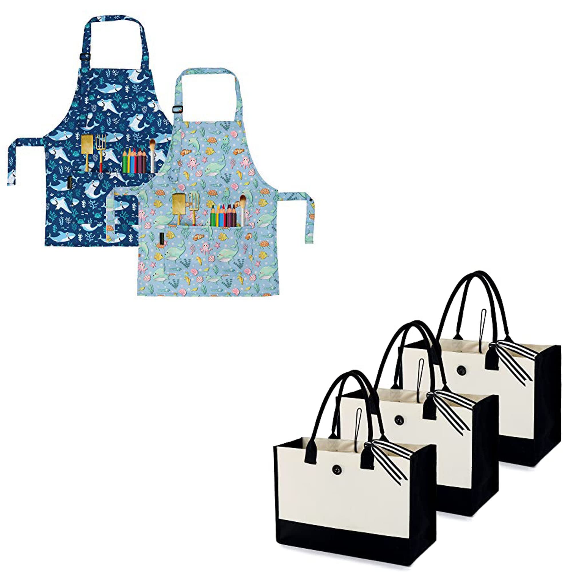 BeeGreen 2 Pack Kids Cooking Aprons with Adjustable Straps & Matching Canvas Tote Bag - Washable Kitchen Aprons for Baking, Cooking & Arts - Perfect Personalized Gifts for Girls, Boys & Women (3 Pack Set)