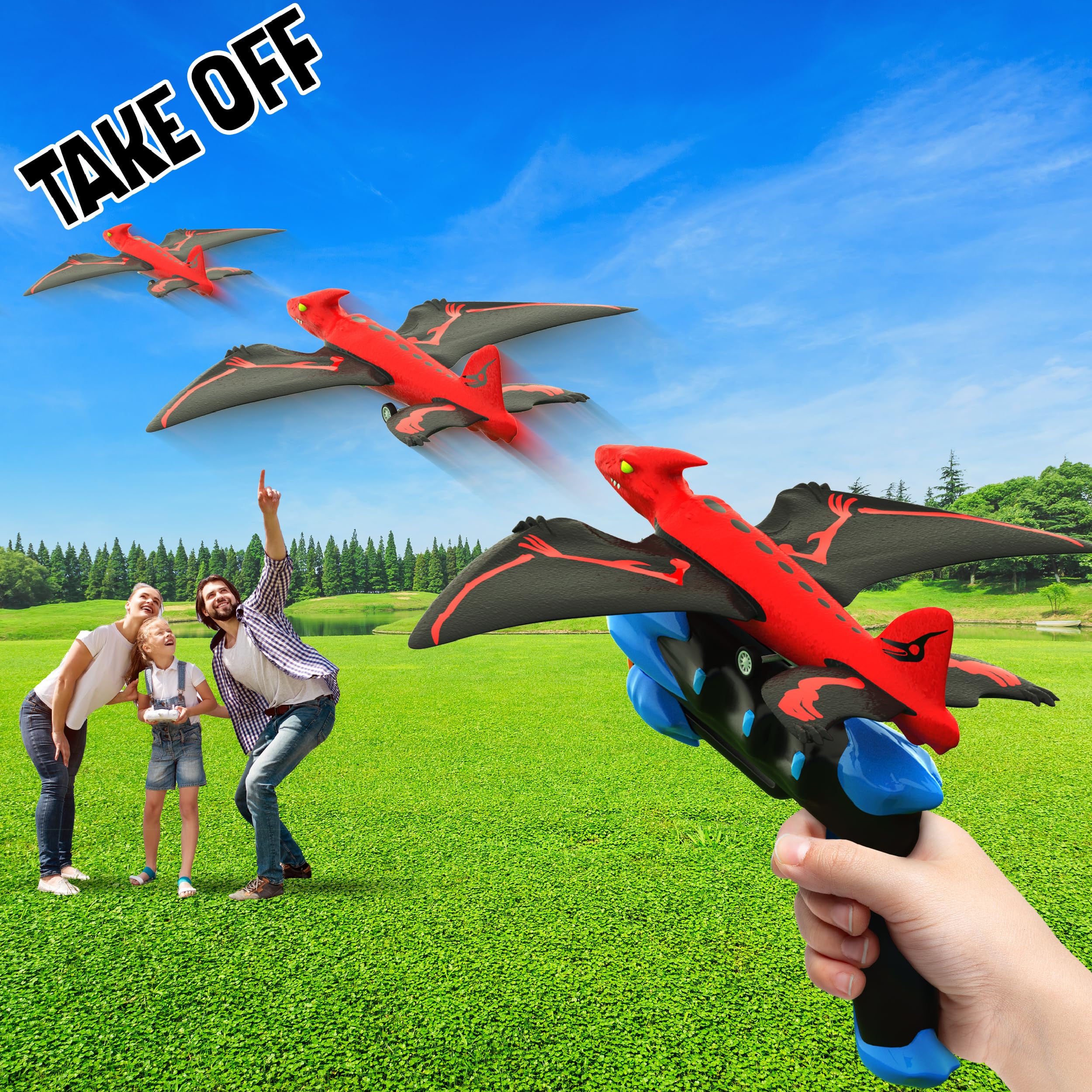 MindSprout Dino Launchers - STEM Airplane Toys for Kids Ages 3-7 - Outdoor & Indoor Flying Dinosaur Launcher Toy for Boys & Girls - Perfect for Backyard Play, Birthday Gifts & Family Fun Activities
