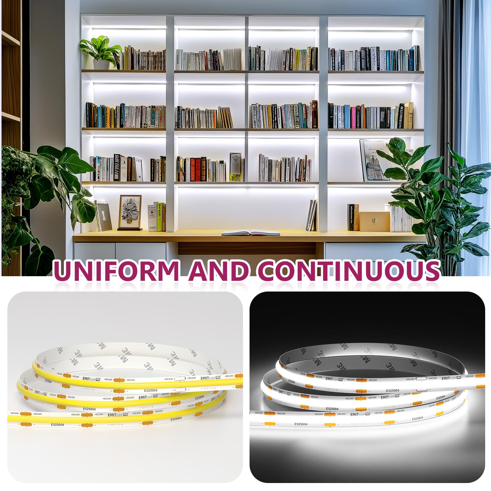 EMITEVER COB LED Strip Lights 5000K White - High Density 24V Tape Light, 360+ Lumens/ft, 2560 LEDs per Spool, CRI 90+, 16.4ft/5m - UL Listed with 5-Year Warranty (Power Supply Not Included) - Perfect for Kitchen Under Cabinet Lighting, Bedroom Accent, and Commercial Display Use