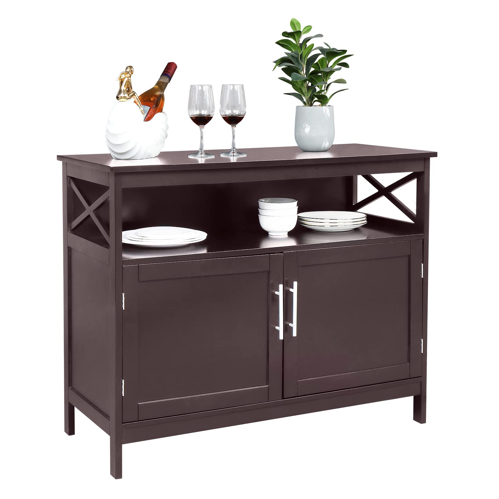 Kcelarec Wooden Kitchen Console Table - 2-Tier Buffet Sideboard Cabinet with Open Shelf, Solid Wood Storage Table for Dining Room & Living Room (Brown) - Perfect for Organizing Dishes, Linens & Home Decor