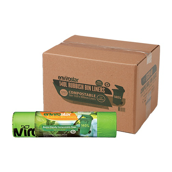 Envirostar 140L Compostable Trash Bags - 23 Micron Thick Eco-Friendly Garbage Bags for Kitchen, Yard & Commercial Use | Biodegradable Waste Solution