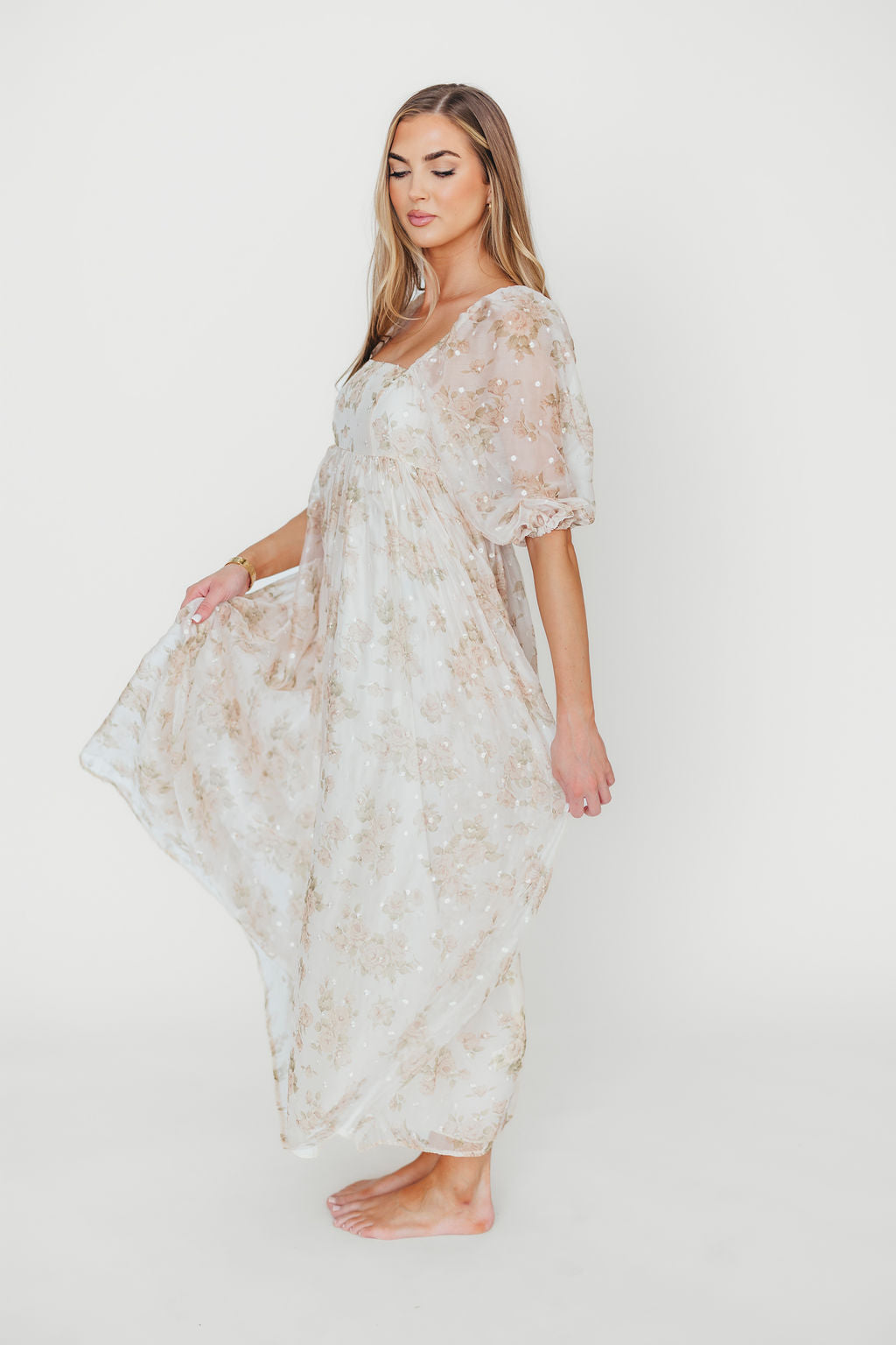 Elegant Cream Floral Maxi Dress with Smocking - Bump Friendly Maternity & Inclusive Sizing (S-3XL) for Women | Perfect for Weddings, Beach Vacations & Summer Parties