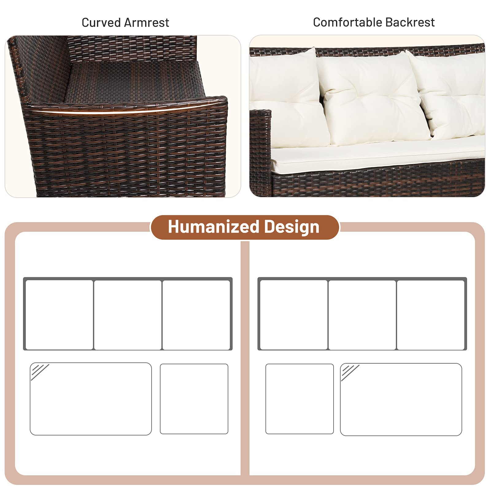 RELAX4LIFE 3-Piece Outdoor Patio Furniture Set with Rattan Wicker Sectional Sofa, 5 Comfortable Cushions & Tempered Glass Coffee Table - Perfect for Poolside, Garden, Balcony or Backyard (Beige & Brown)