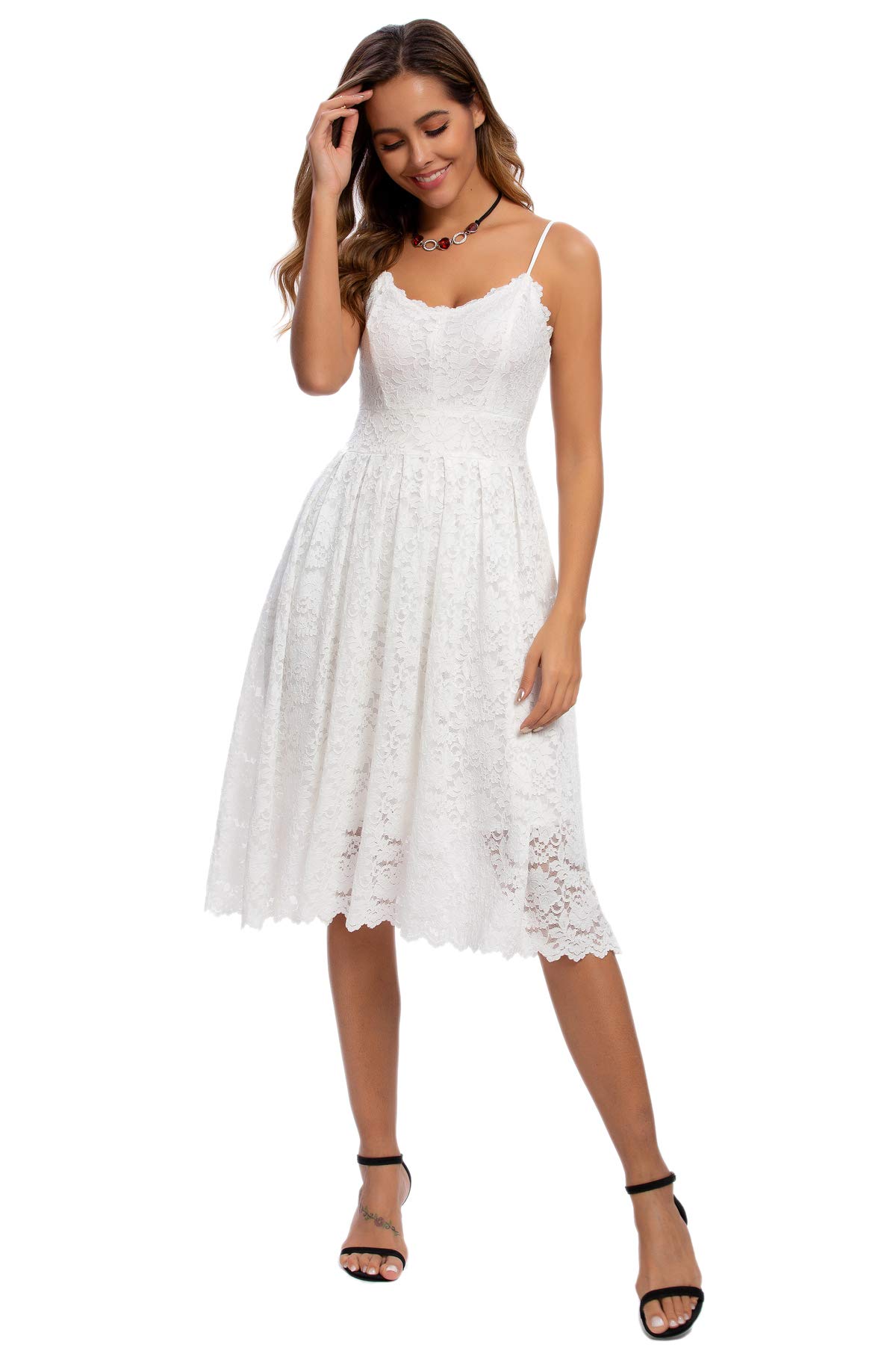 ATNLEWHI Women's Spaghetti Strap V-Neck Sleeveless A-Line Lace Dress - Elegant Cocktail Party, Formal Wedding Guest Dress for Evening Events & Special Occasions