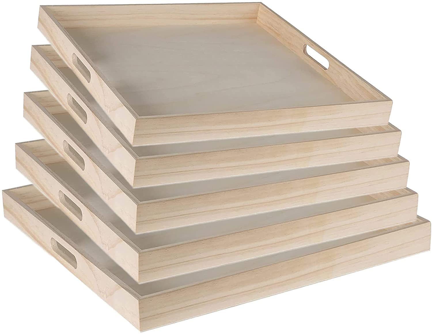 Wooden Square Trays and Sets - Bulk 6 Nesting 30 Piece Breakfast Serving Trays for Buffet, Montessori, Party, Home Organization & Decor | Perfect for Dining, Entertaining, Classroom Activities and Stylish Storage