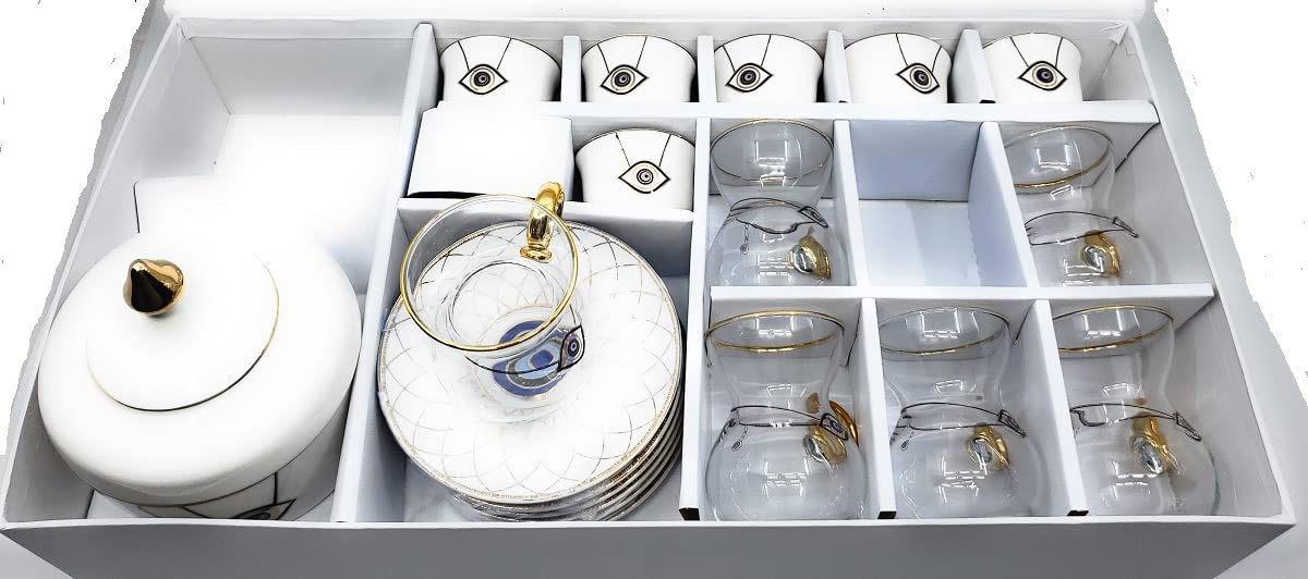 19-Piece Luxury Bone China & Glass Turkish Tea & Coffee Set with Evil Eye Design - White & Blue - Perfect for Home Entertaining, Gifts & Boho Decor