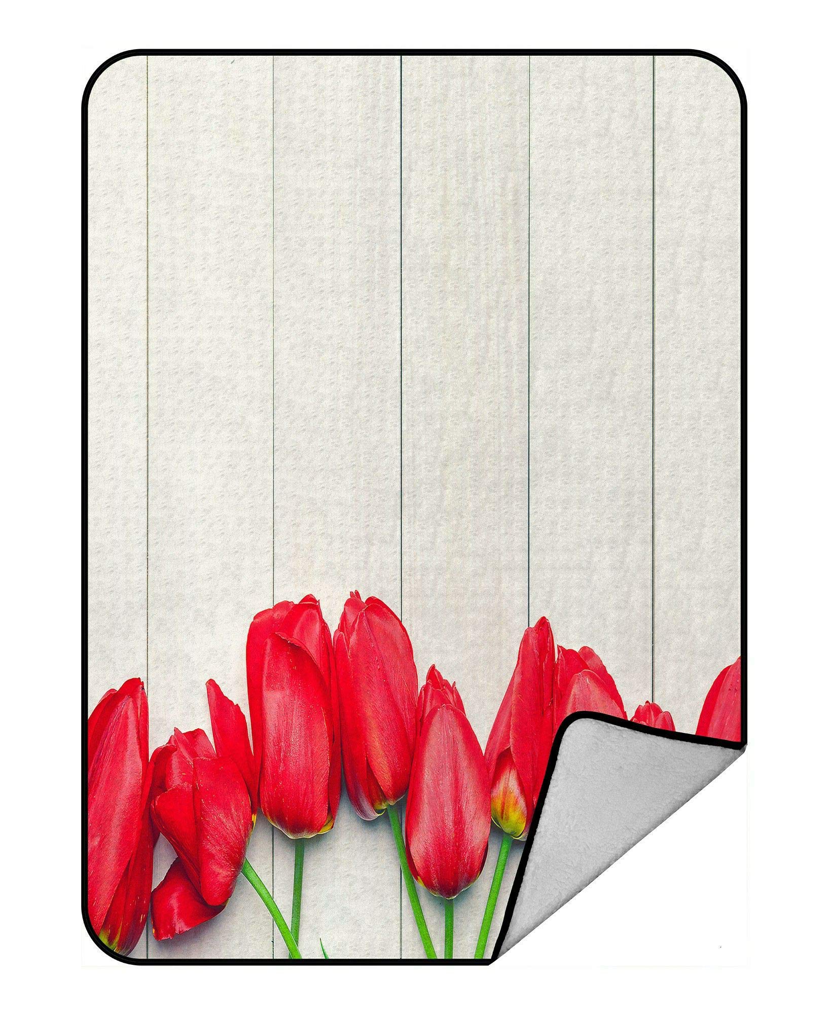 Soft Fleece Plush Blanket 58x80 Inch - Easter Red Tulips Floral Design on Light Boards - Cozy Throw Blanket for Couch, Bed, Sofa & Outdoor Picnics