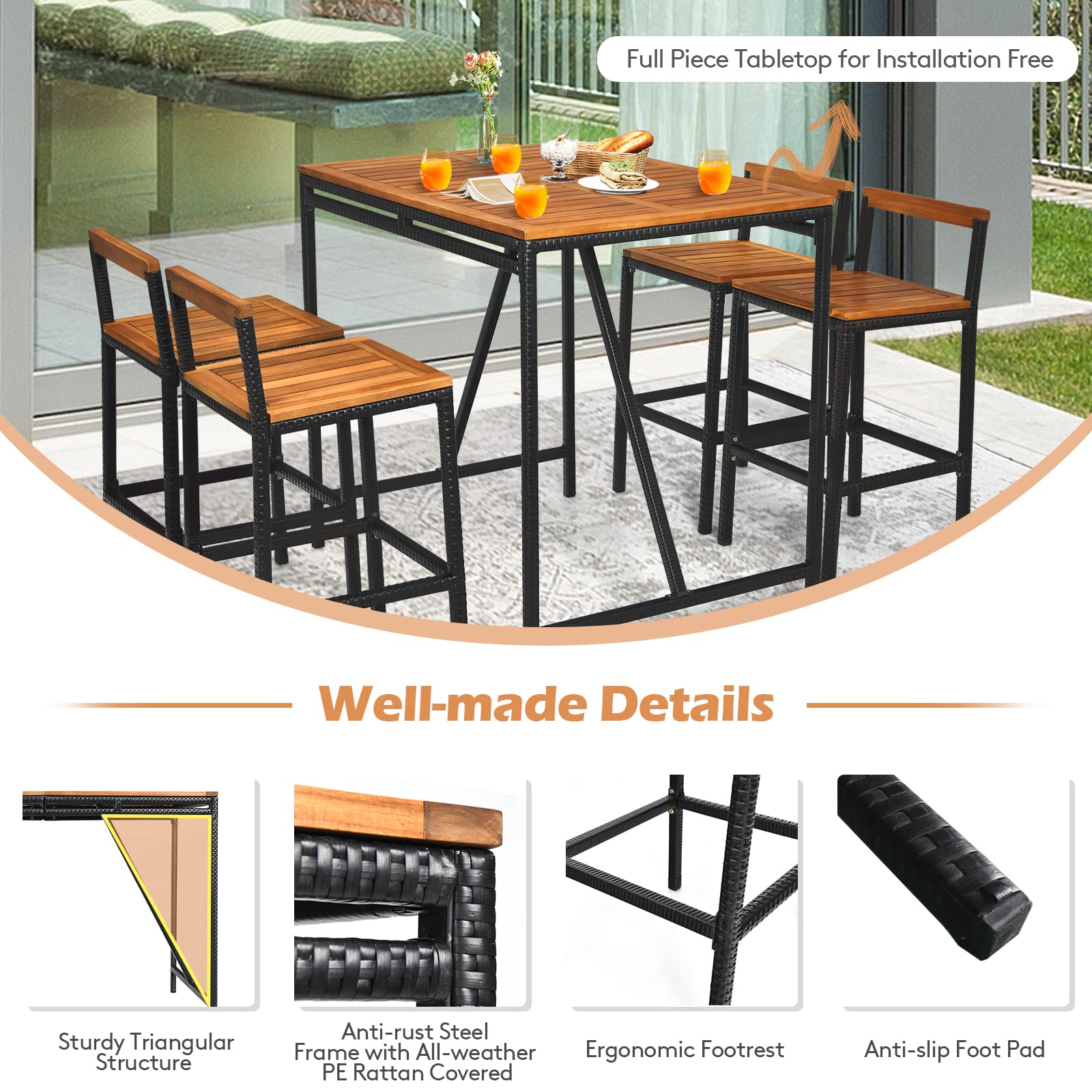 Tangkula 5-Piece Acacia Wood Outdoor Bar Set with Umbrella Hole - Black Rectangular Bar Table & 4 Rattan Bar Stools for Patio, Garden, Backyard Dining & Entertaining