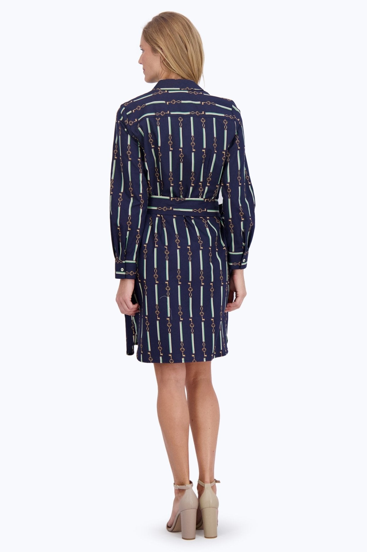 Rocca Women's Striped Long Sleeve Dress with Keychain Detail - Casual Office Wear & Party Outfit