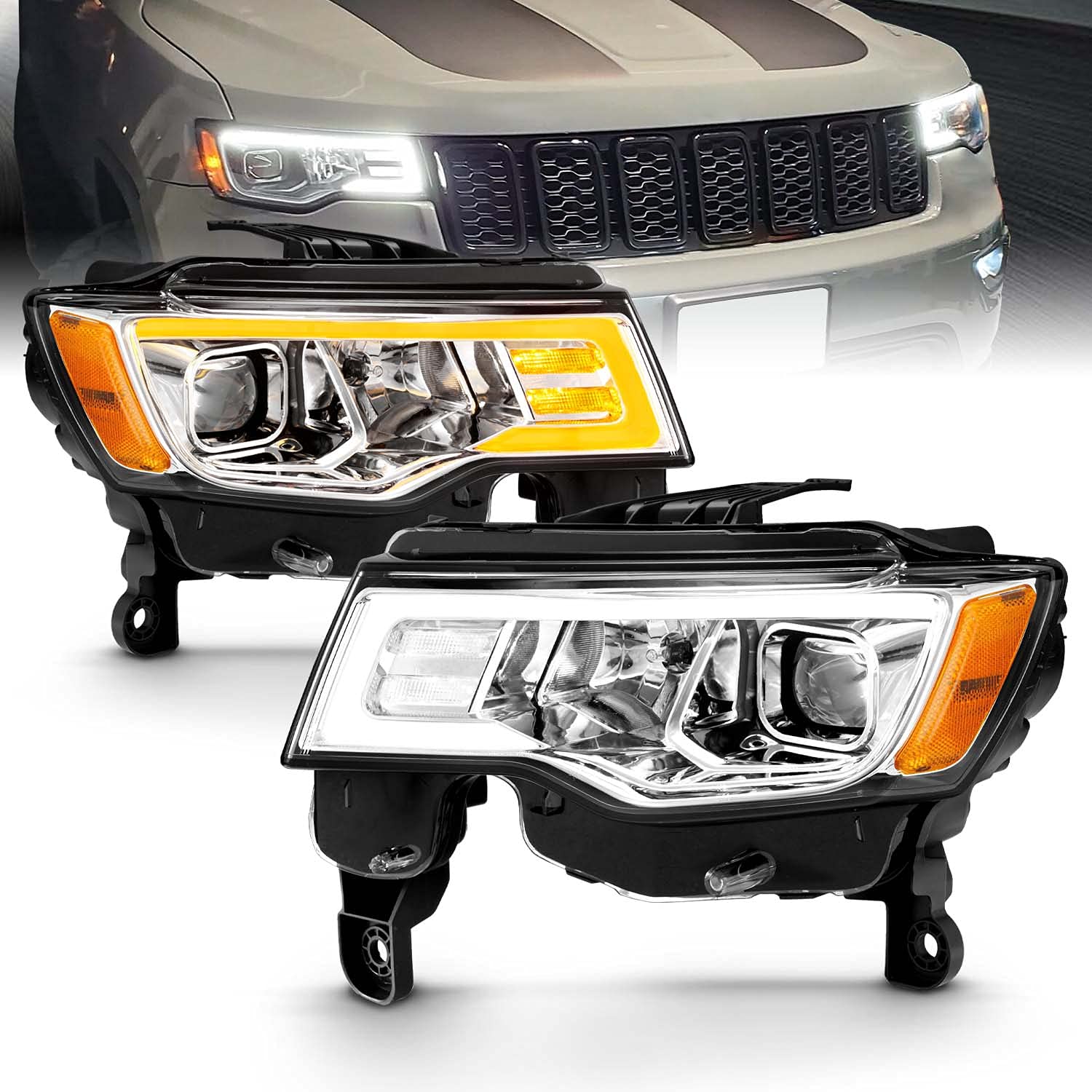 2017-2022 Jeep Grand Cherokee LED Headlights - AmeriLite Chrome Square Projector Replacement Headlights with Switchback LED Tube (Driver & Passenger Side) - Upgrade for Night Driving & Off-Road Adventures